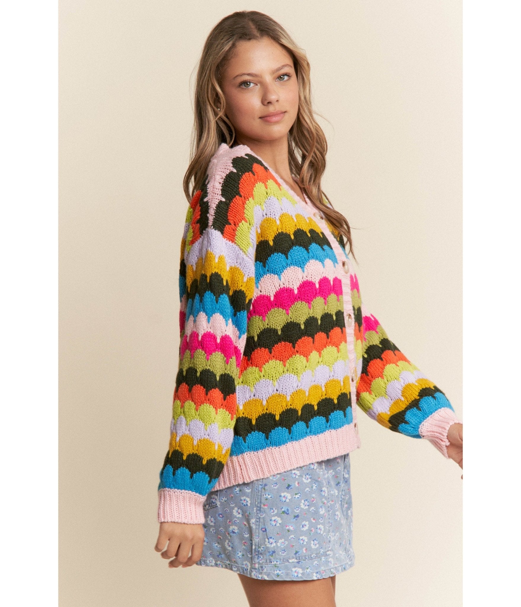 Multicolor Fish Scale Knit Cardigan - Unique Vintage - Womens, TOPS, OUTERWEAR