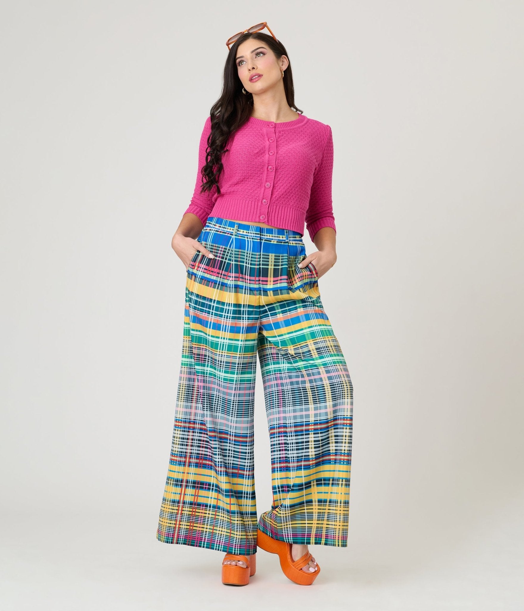Multicolor Plaid Loose Straight Leg Pants - Unique Vintage - Womens, BOTTOMS, PANTS
