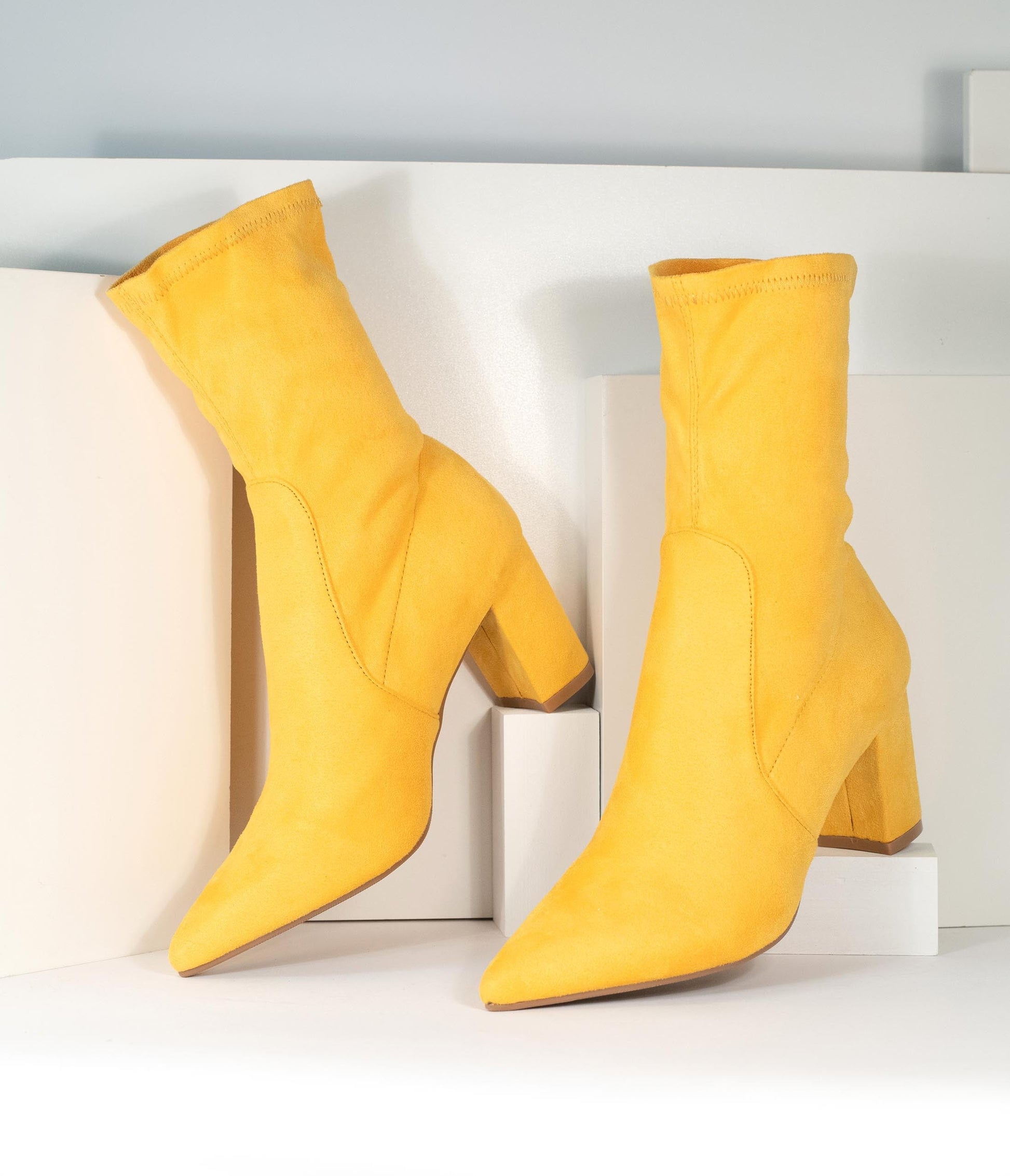 Mustard Suede Pointed Bootie - Unique Vintage - Womens, SHOES, BOOTS