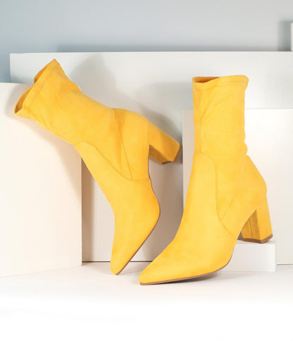 Mustard Suede Pointed Bootie - Unique Vintage - Womens, SHOES, BOOTS