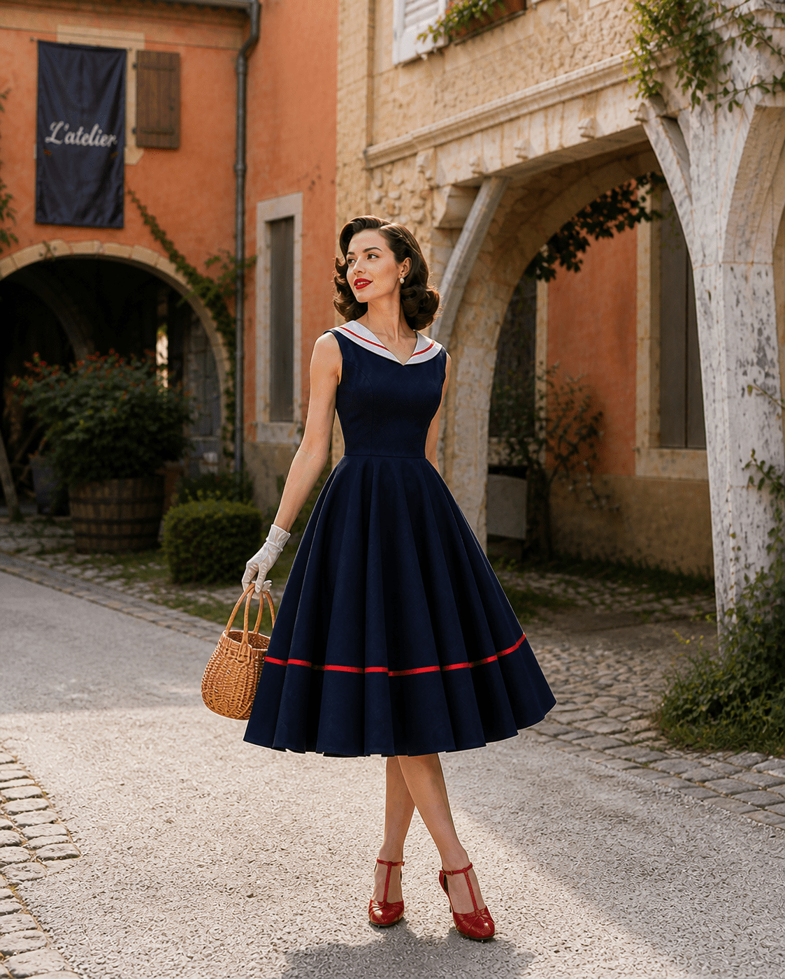 Navy Blue Sailor Collar Swing Dress - Large - Unique Vintage Navy Blue Sailor Collar Swing Dress - Large - Unique Vintage