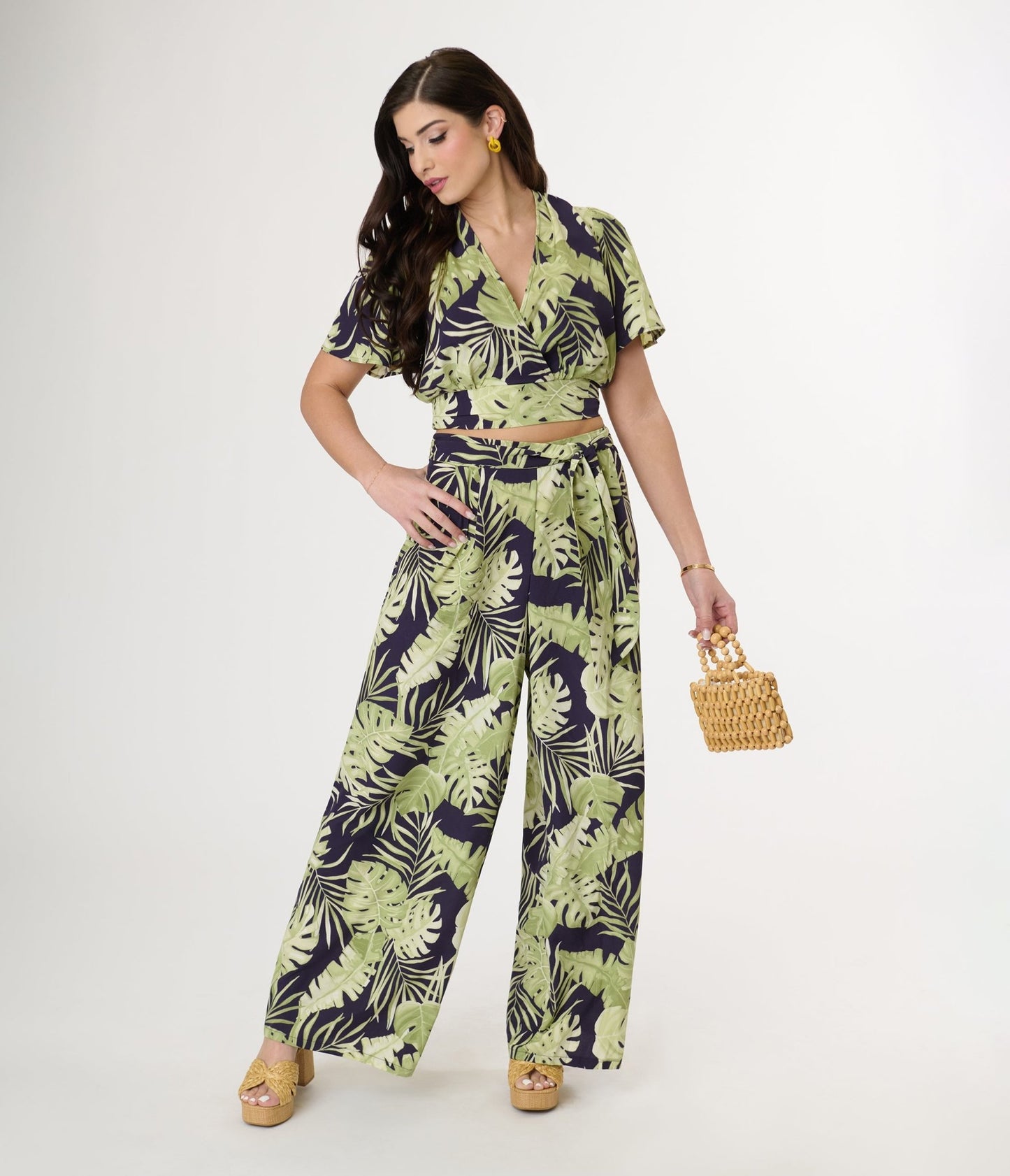 Navy & Green Tropical Belted Wide Leg Pants - Unique Vintage - Womens, BOTTOMS, PANTS