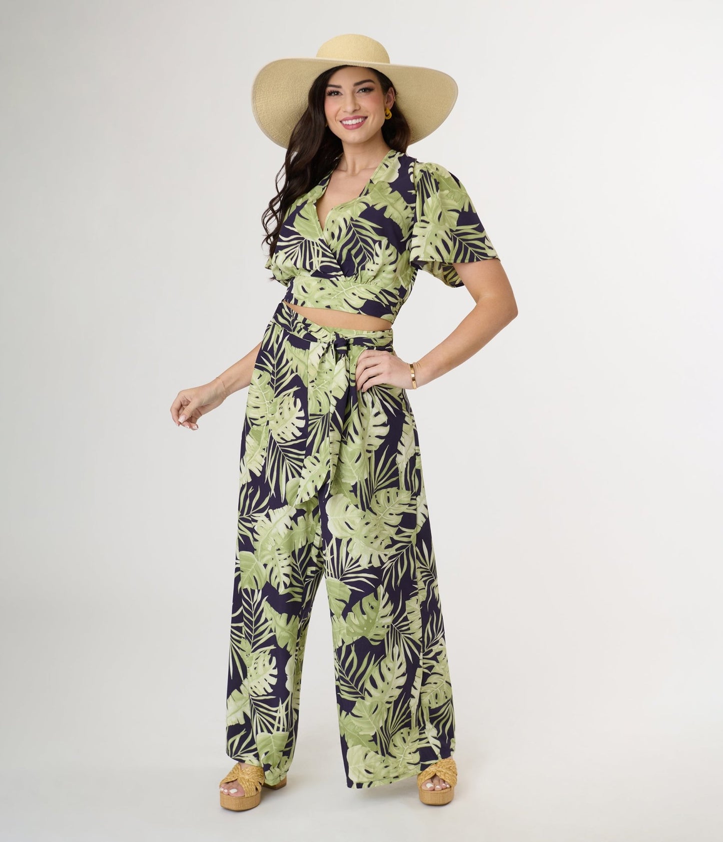 Navy & Green Tropical Belted Wide Leg Pants - Unique Vintage - Womens, BOTTOMS, PANTS