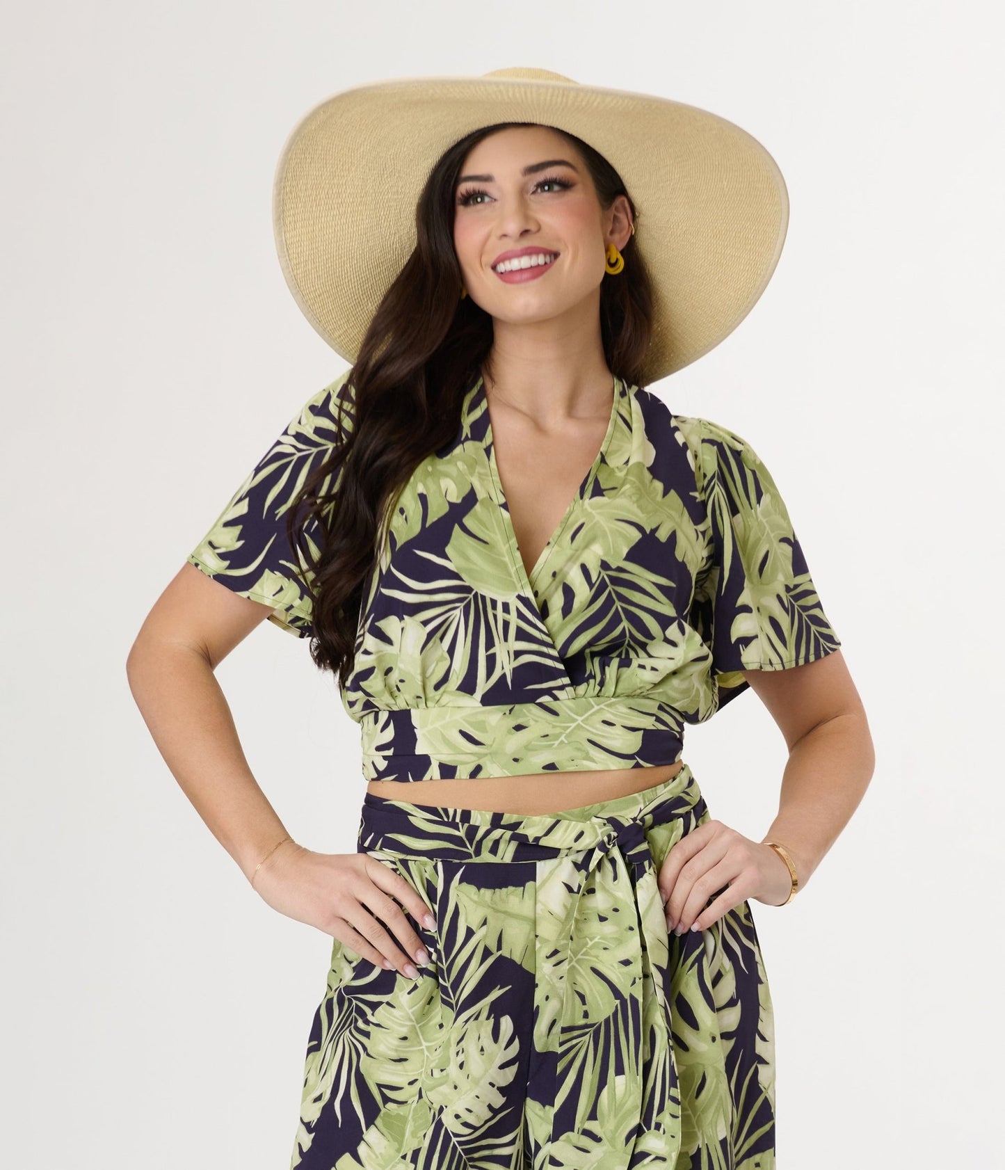 Navy & Green Tropical Crop Top - Unique Vintage - Womens, TOPS, SHIRTS