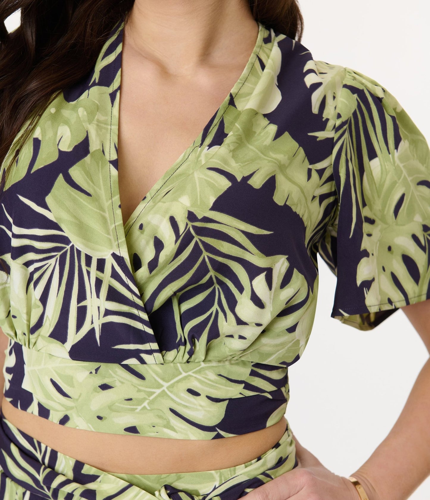 Navy & Green Tropical Crop Top - Unique Vintage - Womens, TOPS, SHIRTS
