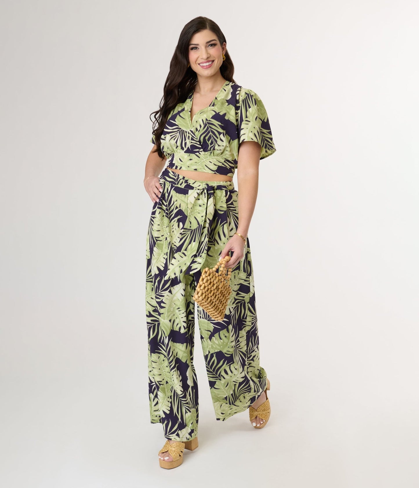 Navy & Green Tropical Crop Top - Unique Vintage - Womens, TOPS, SHIRTS