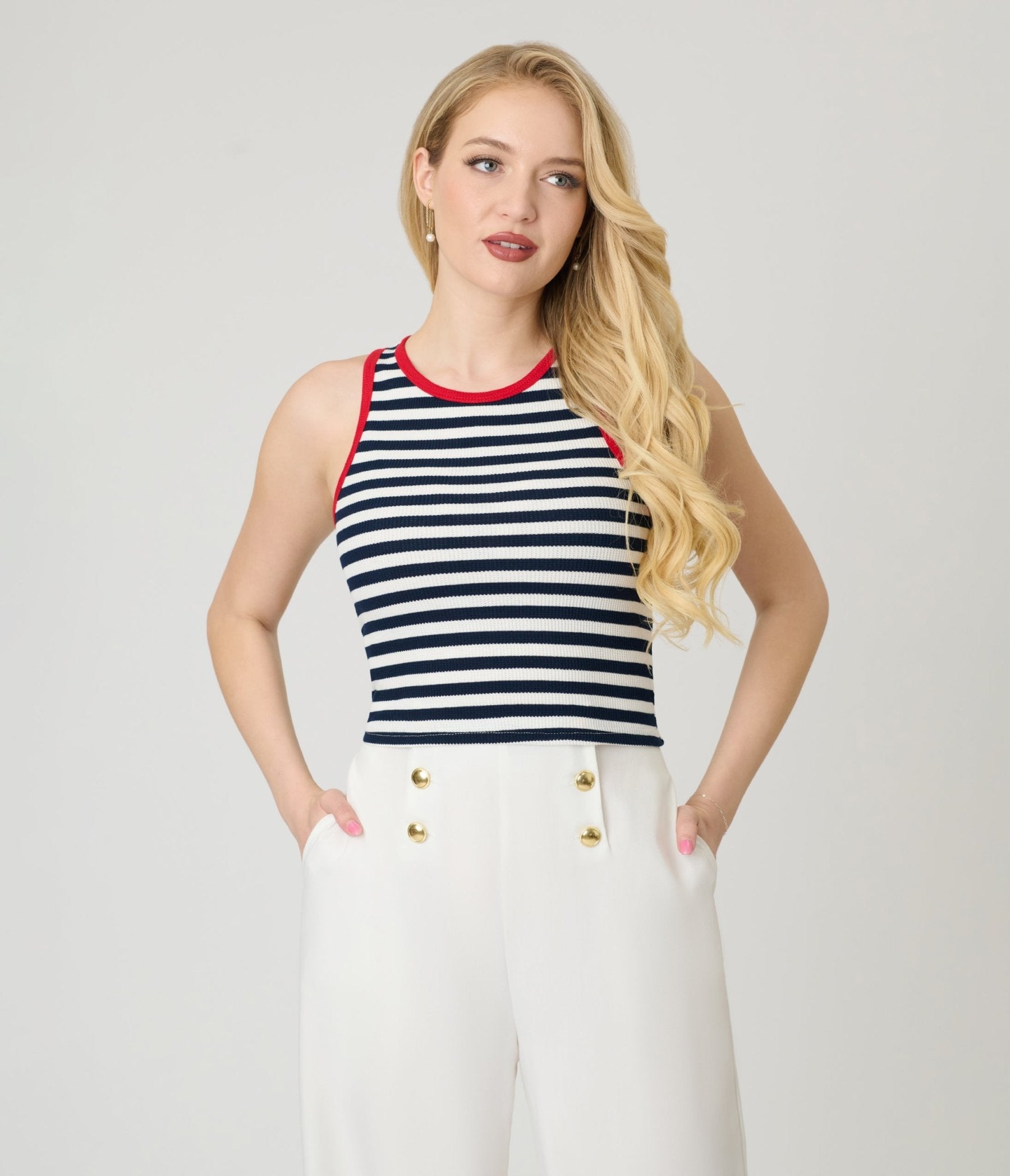 Navy & White Stripe Crop Tank Top - Unique Vintage - Womens, TOPS, KNIT TOPS