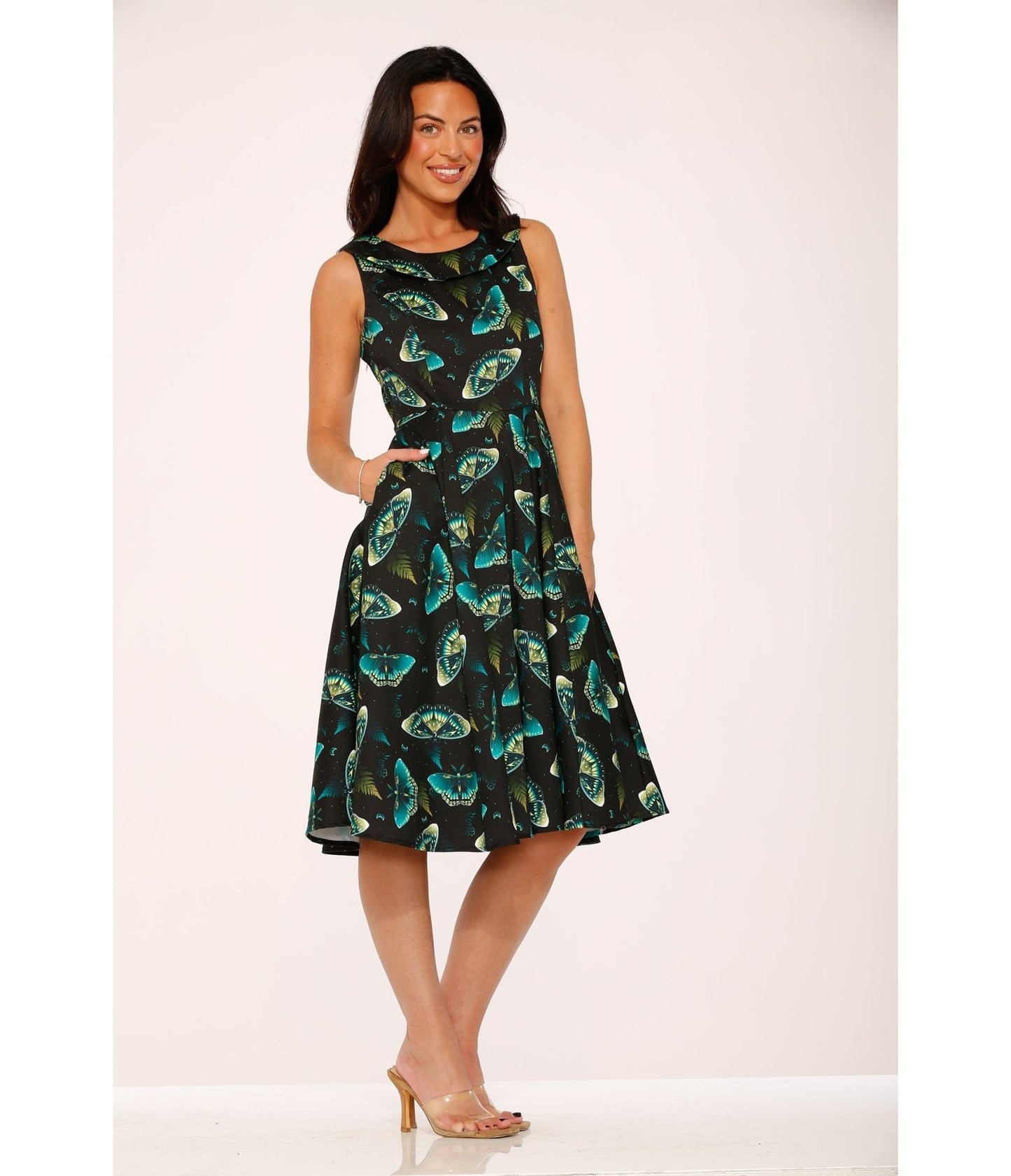 Orchid Bloom Black & Blue Butterfly Cotton Swing Dress - Unique Vintage - Womens, DRESSES, A - LINE