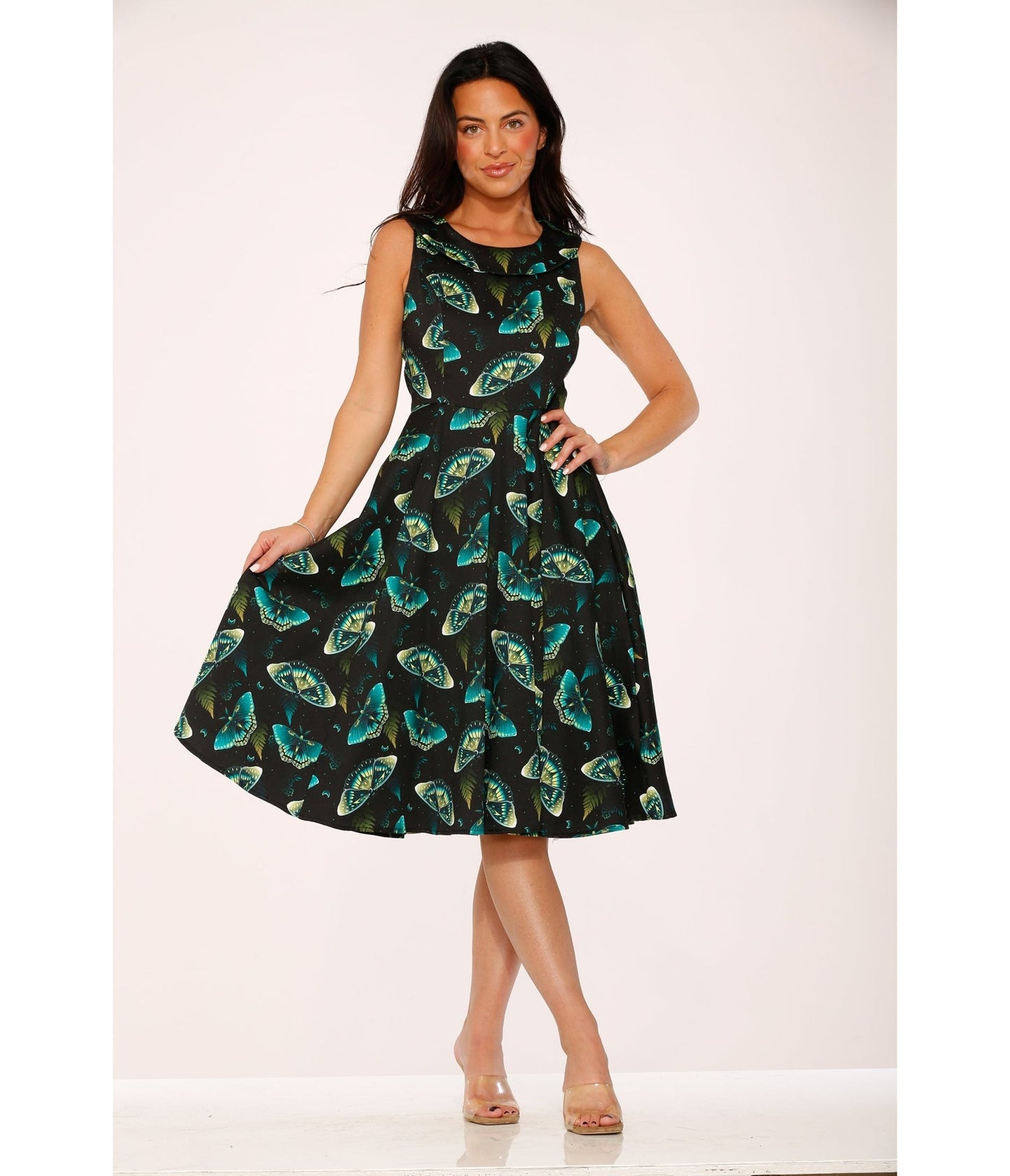 Orchid Bloom Black & Blue Butterfly Cotton Swing Dress - Unique Vintage - Womens, DRESSES, A - LINE