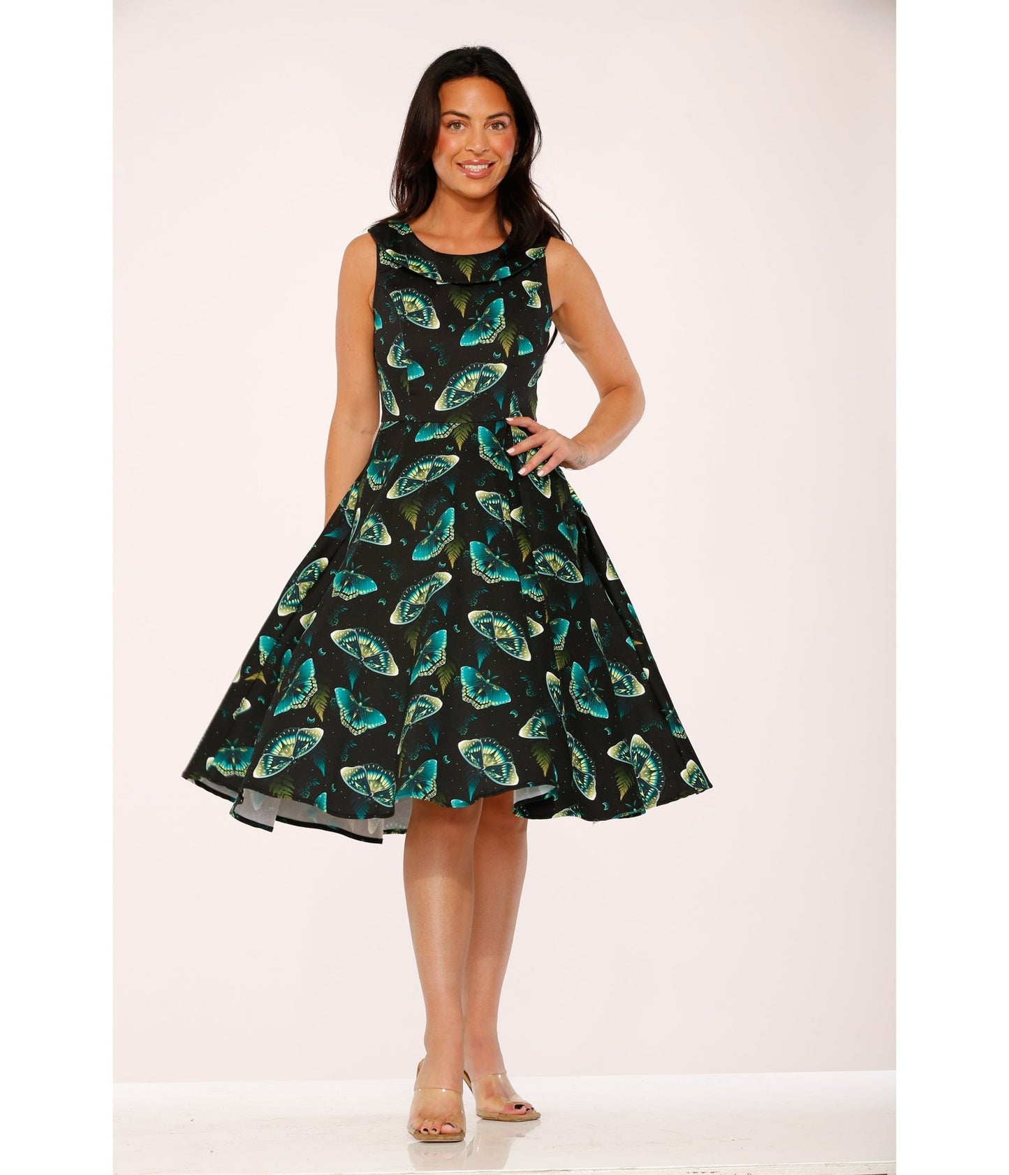 Orchid Bloom Black & Blue Butterfly Cotton Swing Dress - Unique Vintage - Womens, DRESSES, A - LINE