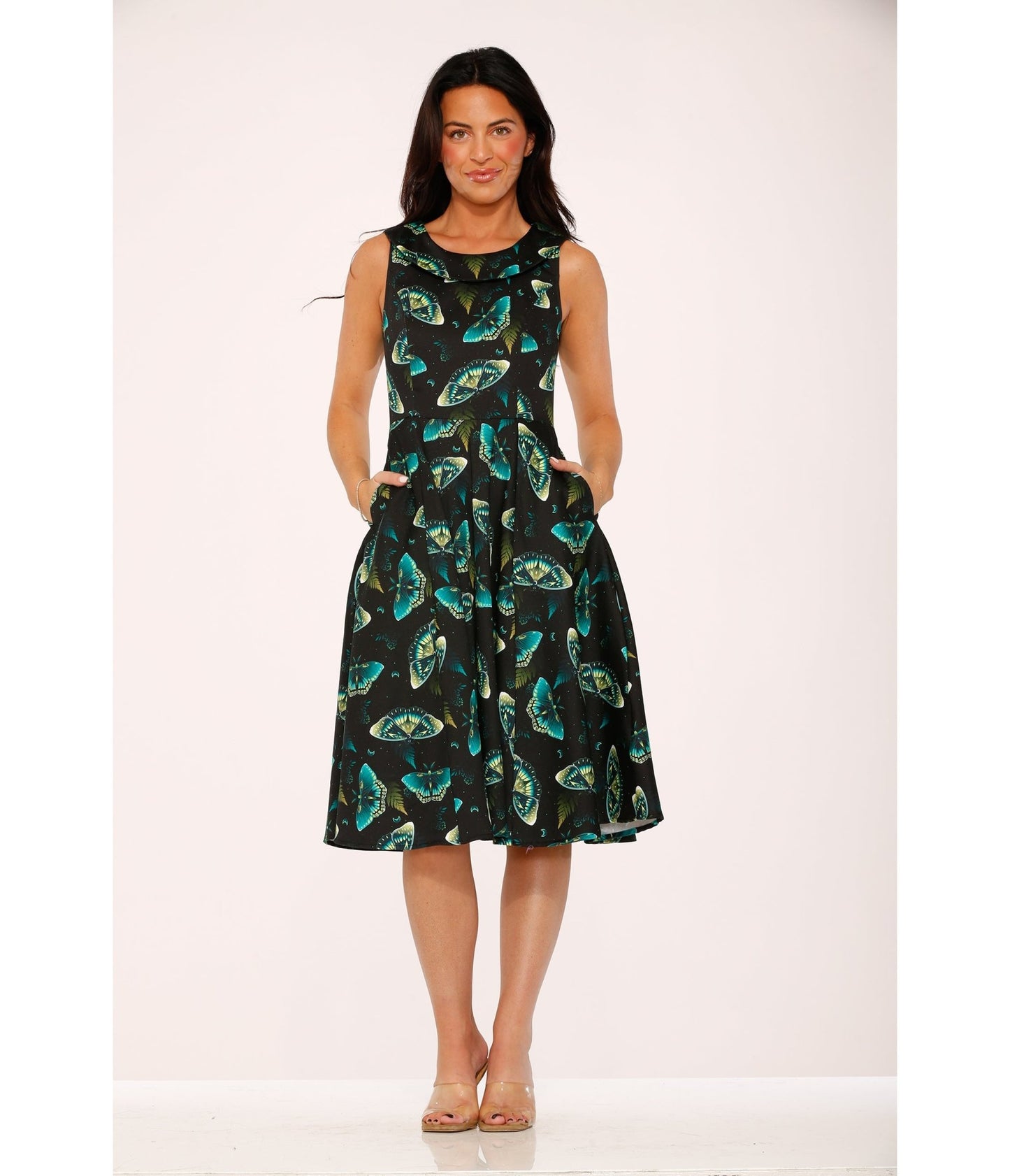 Orchid Bloom Black & Blue Butterfly Cotton Swing Dress - Unique Vintage - Womens, DRESSES, A - LINE