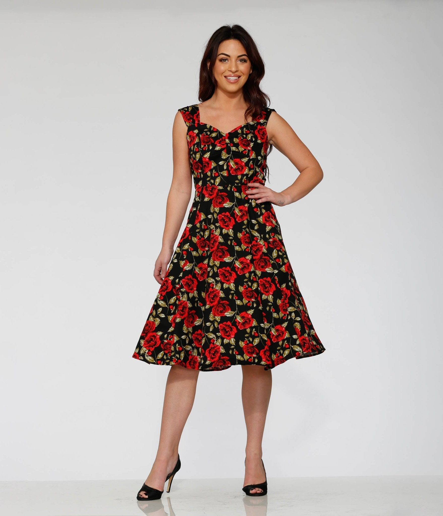 Orchid Bloom Black & Red Rose Cotton Swing Dress - Unique Vintage - Womens, DRESSES, SWING