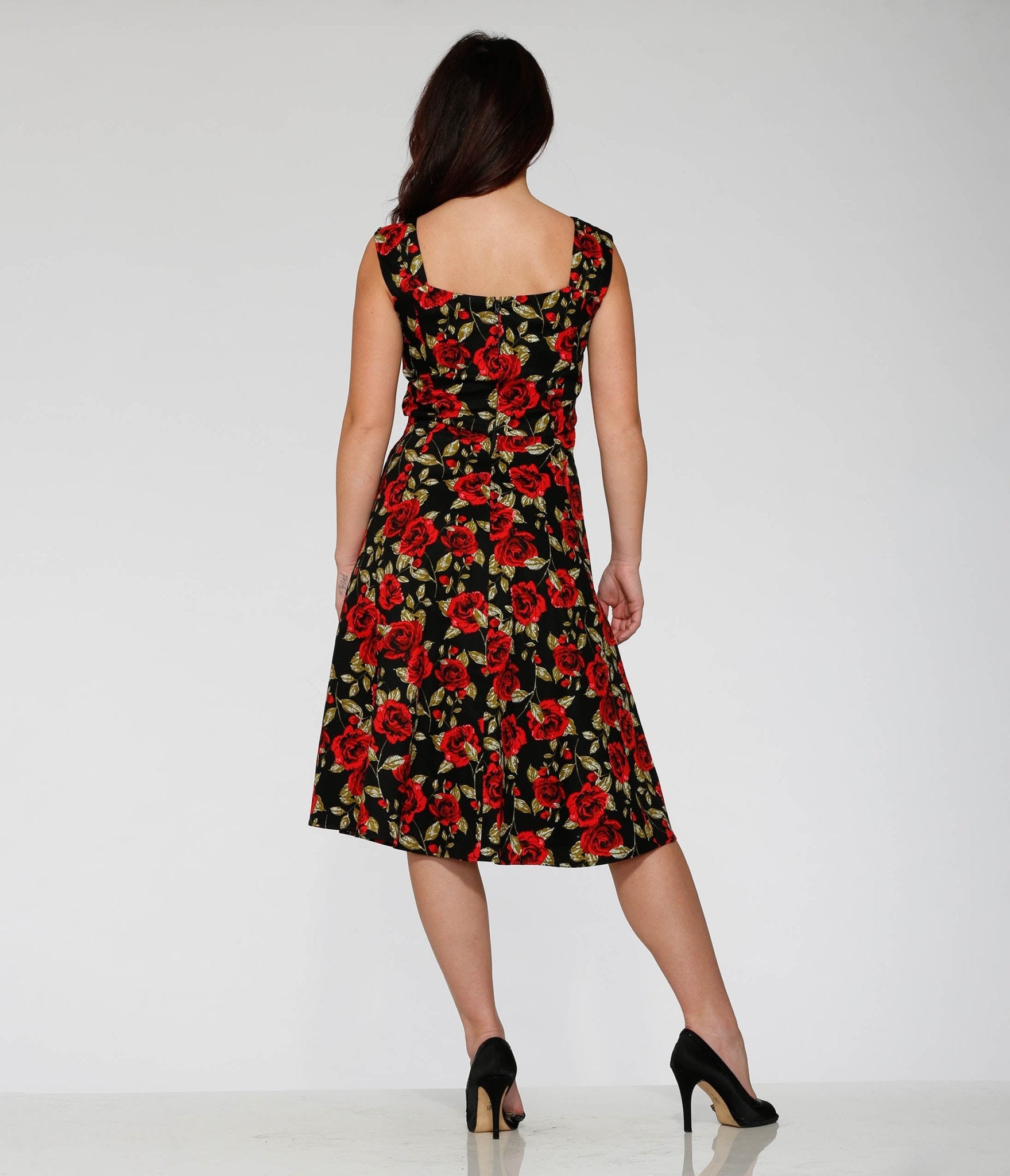Orchid Bloom Black & Red Rose Cotton Swing Dress - Unique Vintage - Womens, DRESSES, SWING