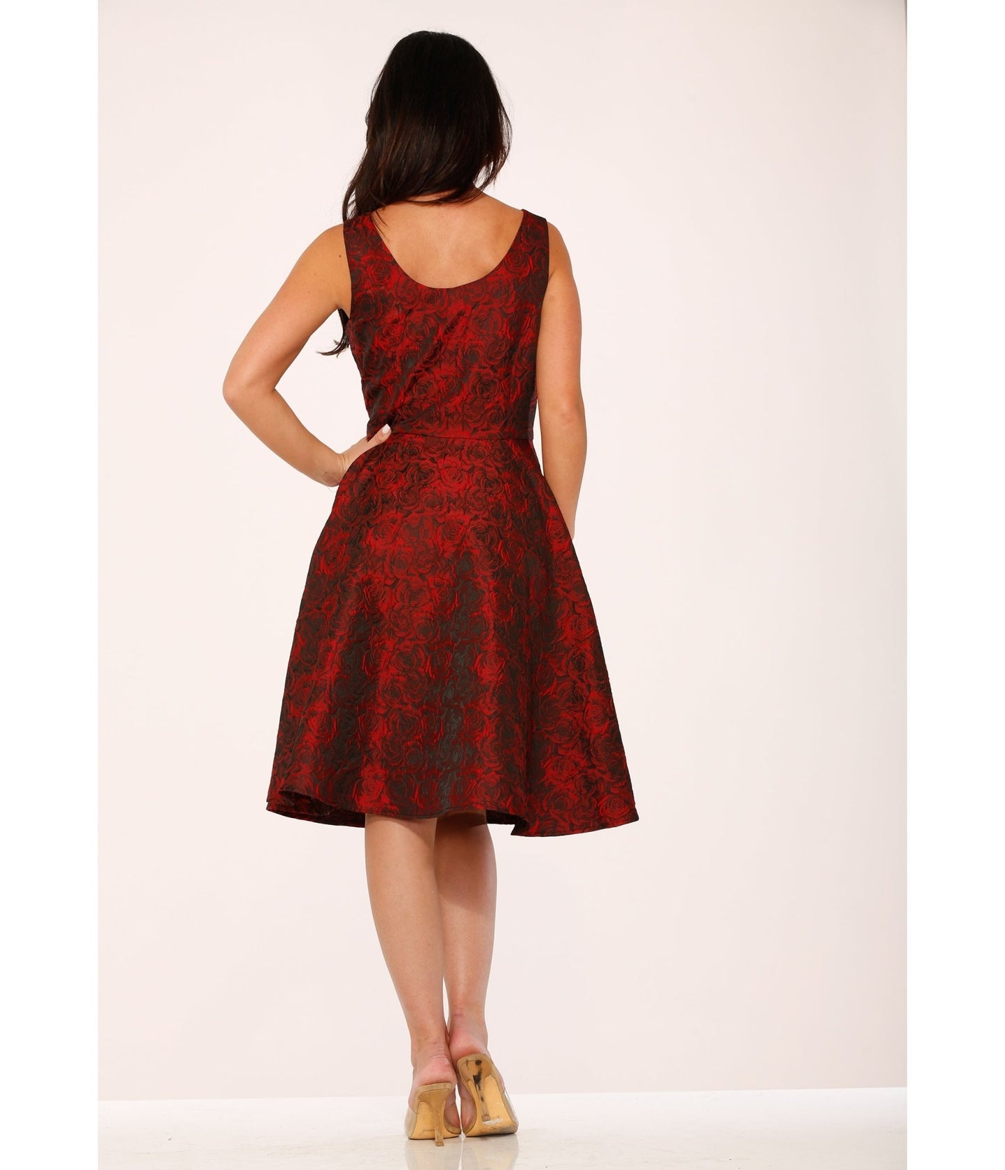 Orchid Bloom Red Rose Jacquard Swing Dress - Unique Vintage - Womens, DRESSES, A - LINE