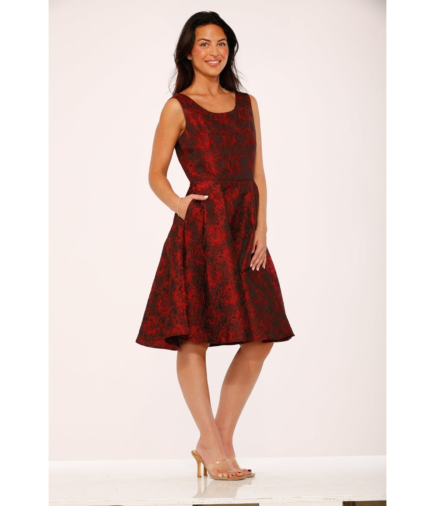 Orchid Bloom Red Rose Jacquard Swing Dress - Unique Vintage - Womens, DRESSES, A - LINE