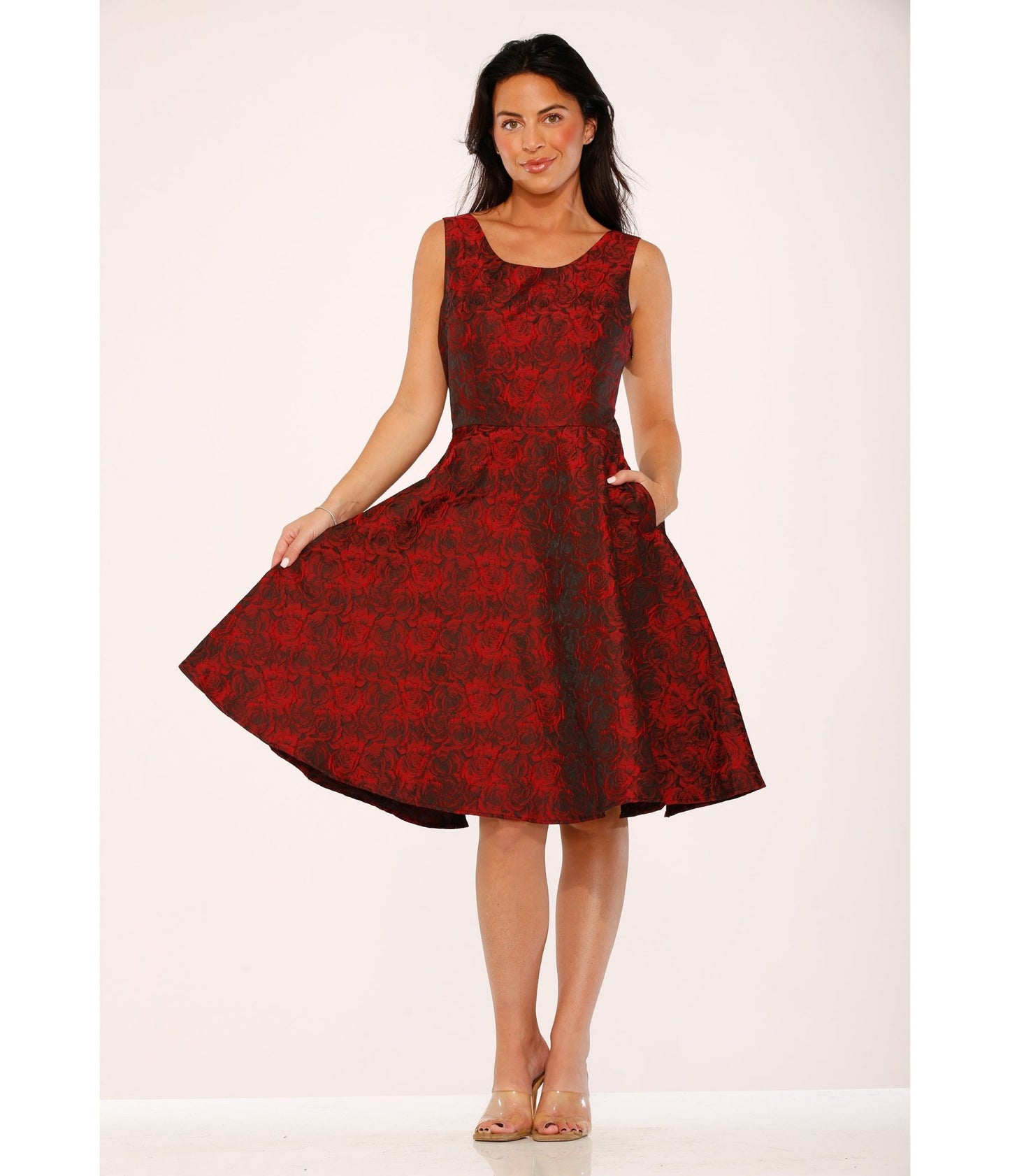 Orchid Bloom Red Rose Jacquard Swing Dress - Unique Vintage - Womens, DRESSES, A - LINE