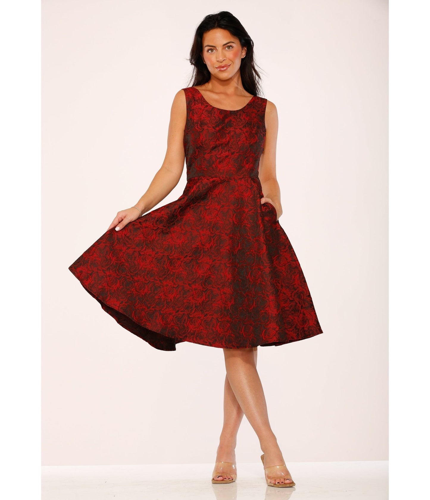 Orchid Bloom Red Rose Jacquard Swing Dress - Unique Vintage - Womens, DRESSES, A - LINE