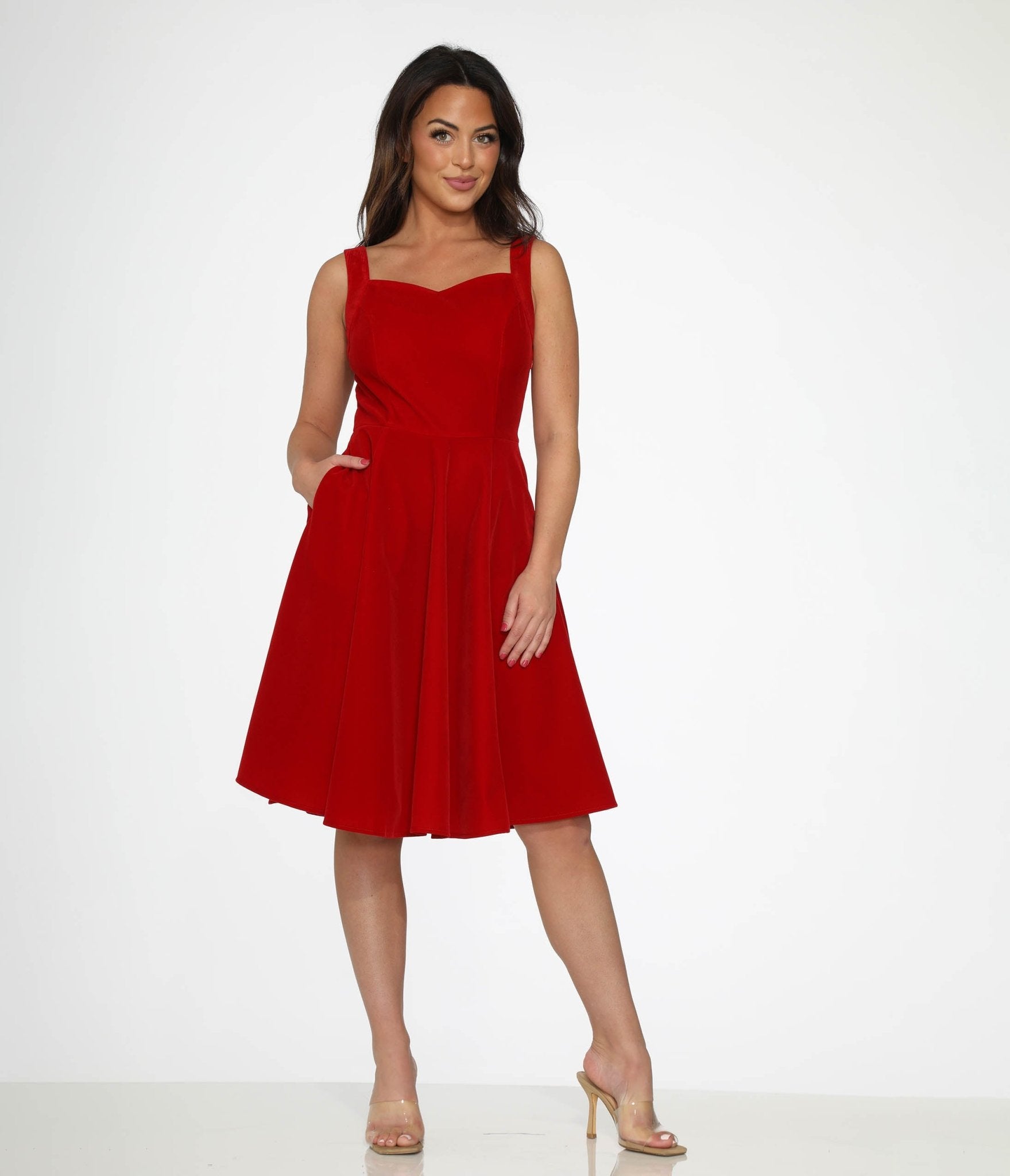 Orchid Bloom Red Velvet Swing Dress - Unique Vintage - Womens, DRESSES, SWING