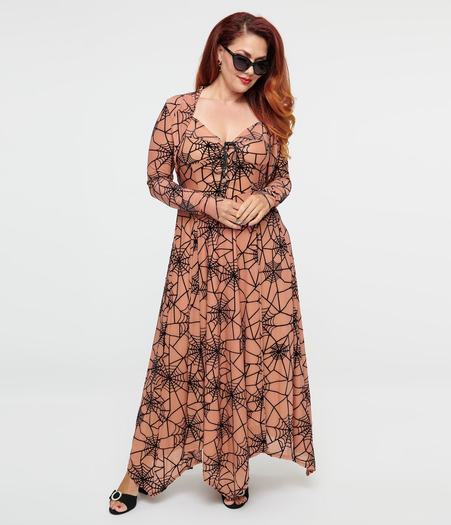 Peach & Black Spiderweb Willow Maxi Dress & Bolero Set - Unique Vintage - Womens, DRESSES, MAXI
