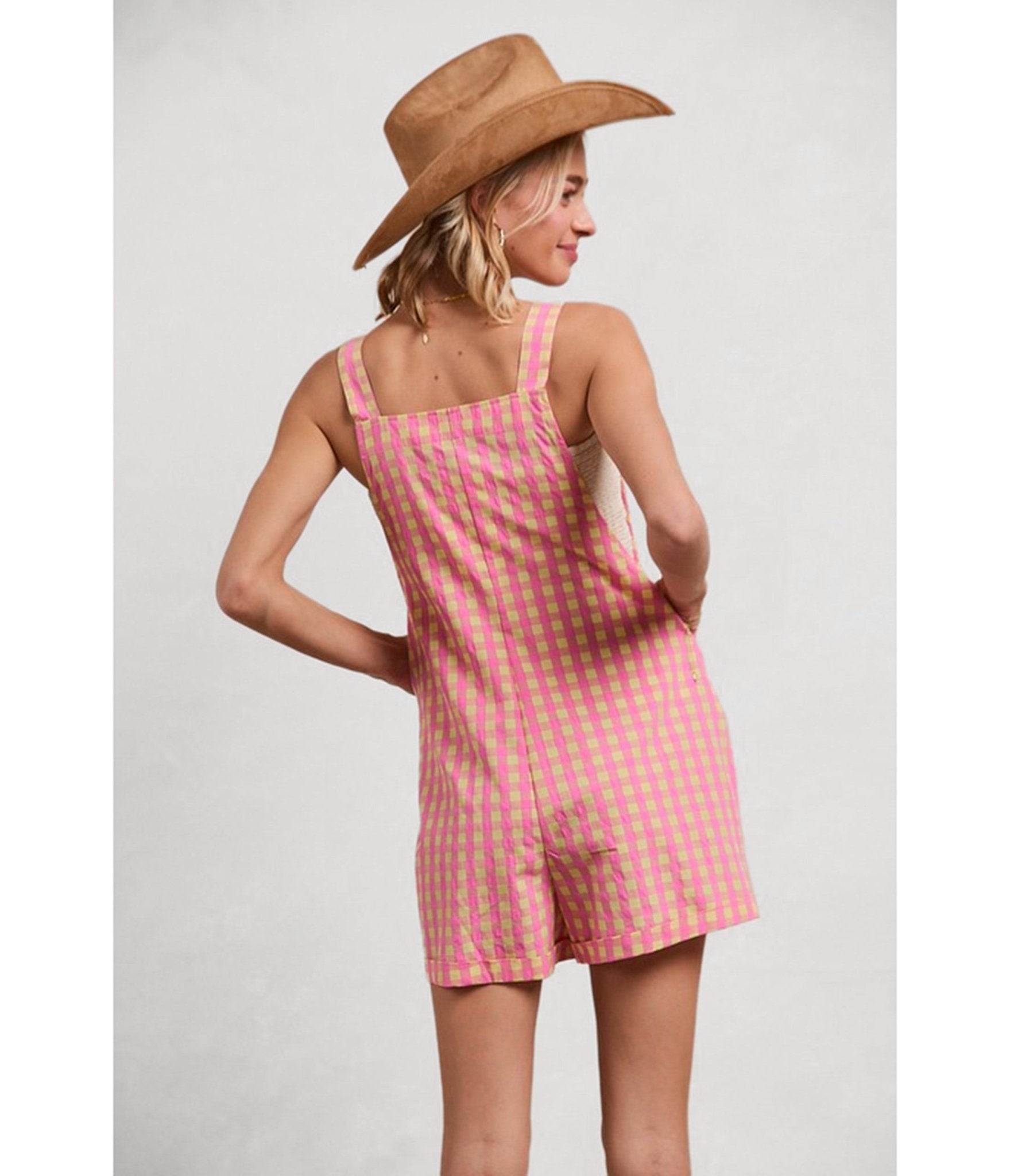 Pink Gingham Textured Romper - Unique Vintage - Womens, BOTTOMS, ROMPERS AND JUMPSUITS