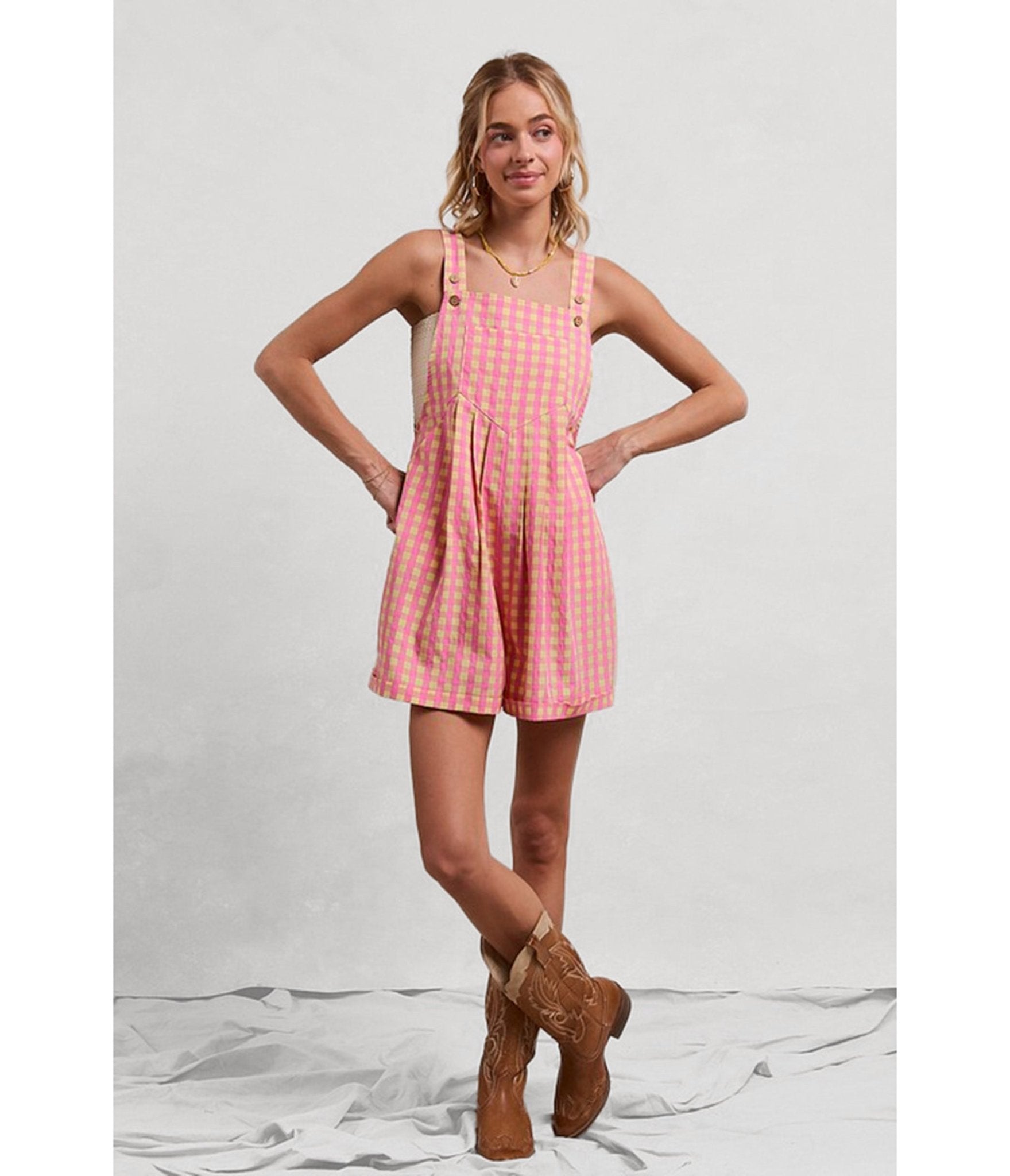 Pink Gingham Textured Romper – Unique Vintage