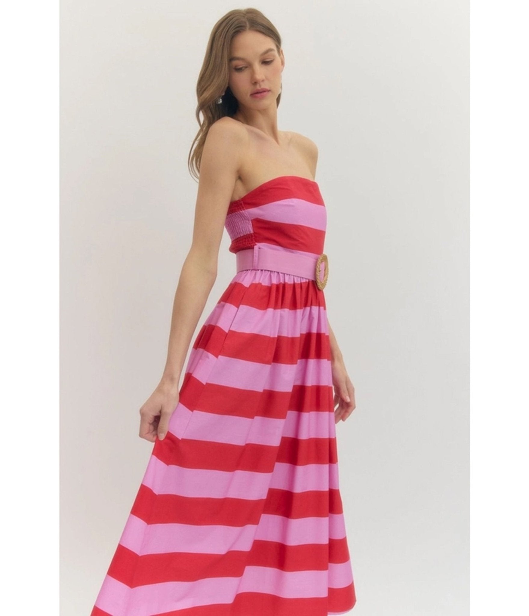 Pink & Red Stripe Strapless Midi Dress - Large