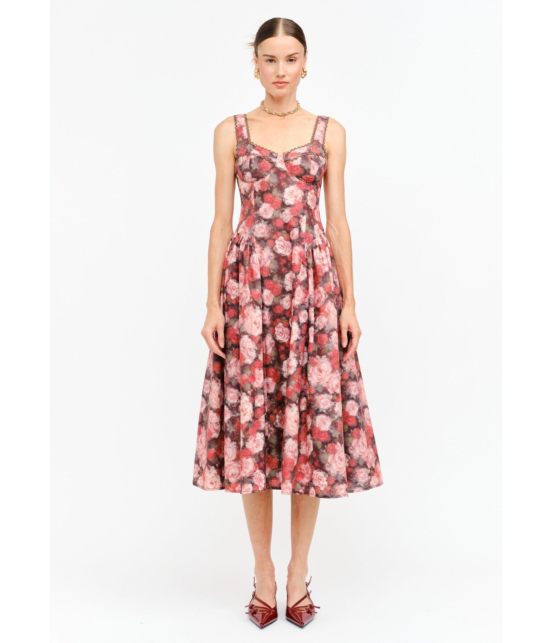 rose print midi dress Pink Rose Cotton Midi Dress – Unique Vintage