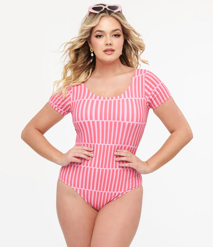Pink Stripe Sleeved One Piece Swimsuit - Unique Vintage - Womens, SWIM, 1 PC