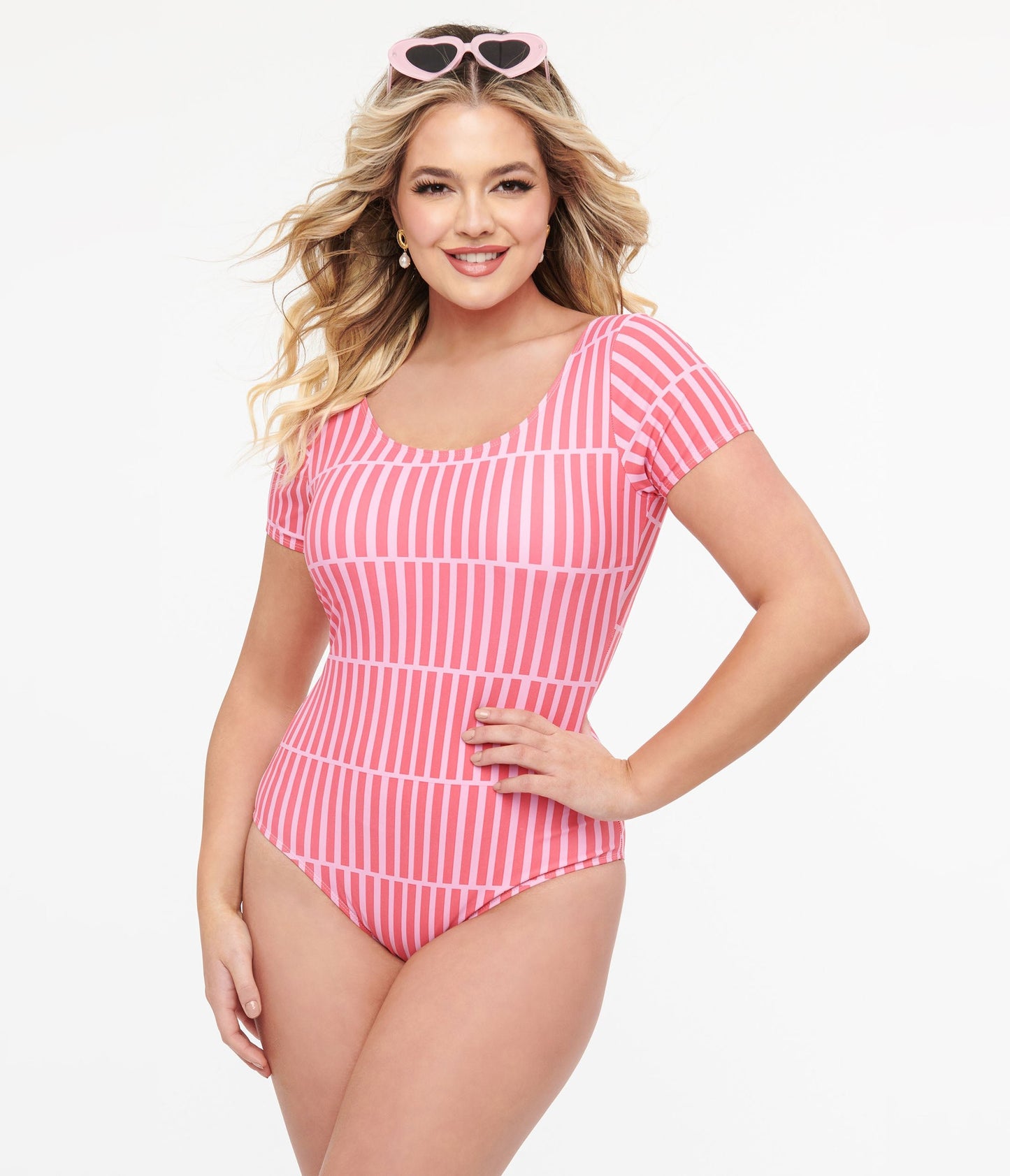 Pink Stripe Sleeved One Piece Swimsuit - Unique Vintage - Womens, SWIM, 1 PC