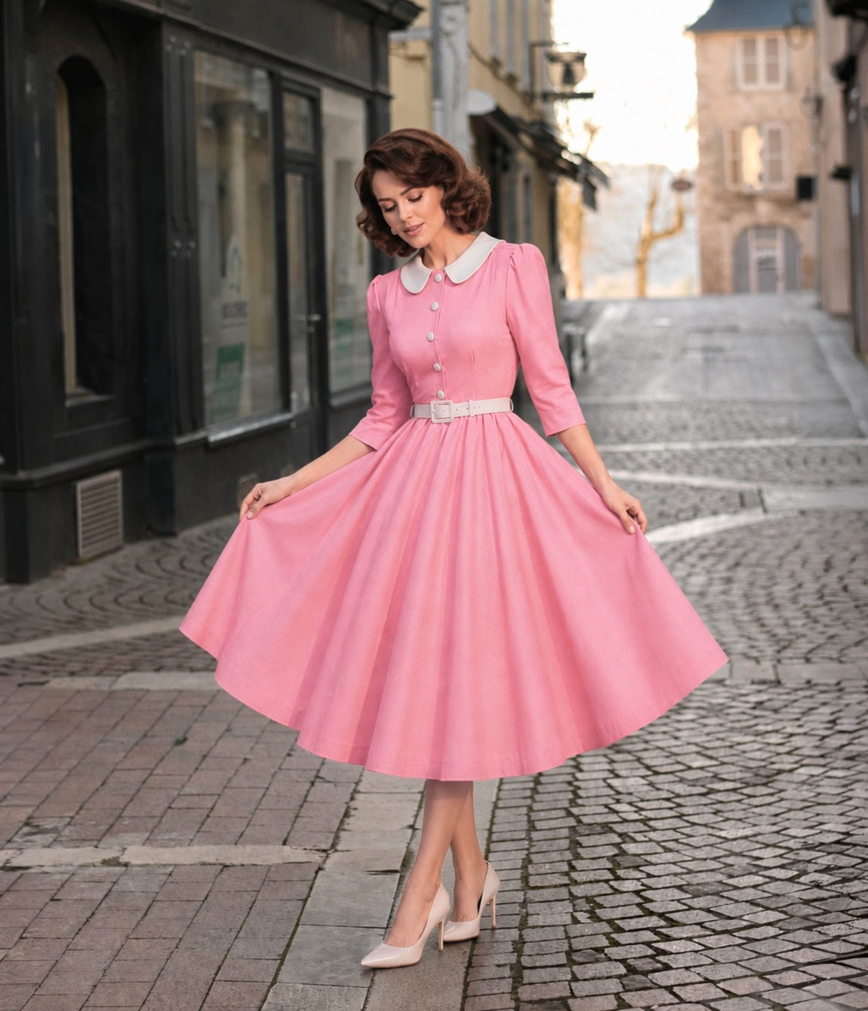 Pink & White Collared Three Quarter Sleeve Swing Dress 2X