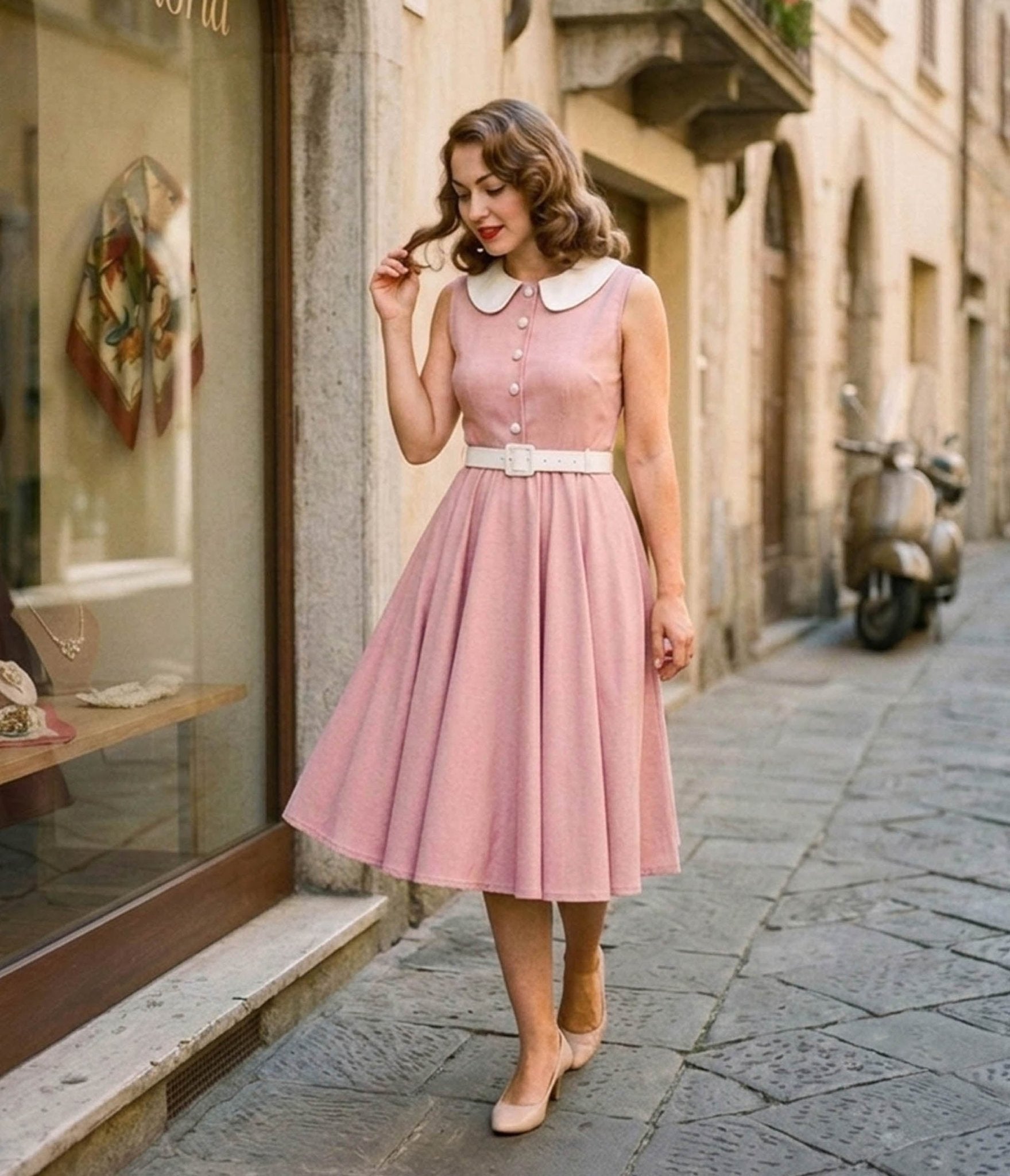 Pink & White Peter Pan Collared Swing Dress - XLarge