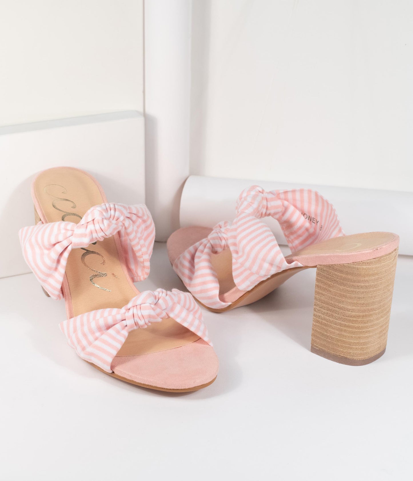 Pink & White Stripe Block Heel Sandal - Unique Vintage - Womens, SHOES, HEELS