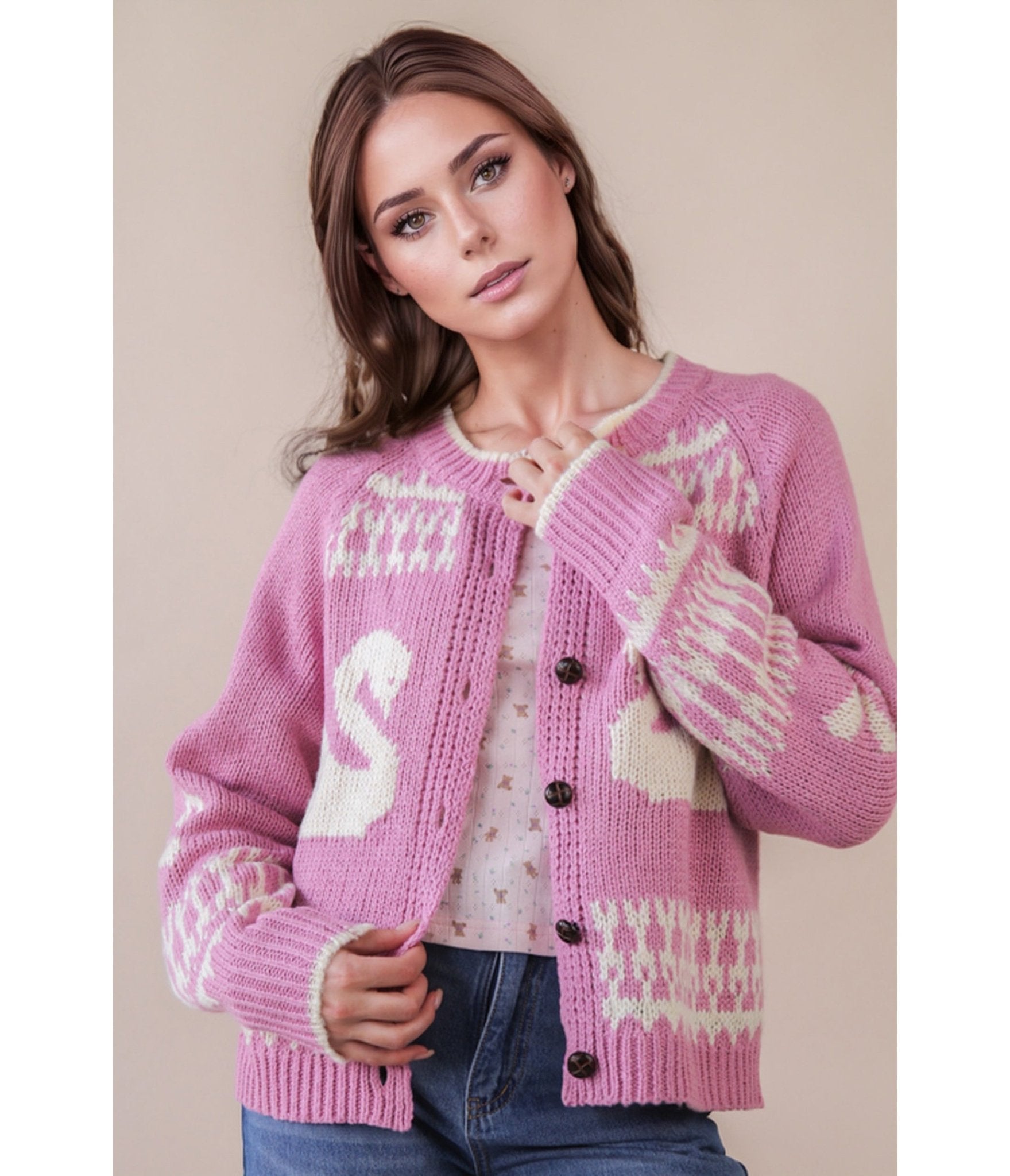 Pink & White Swan Knit Cardigan - Unique Vintage - Womens, TOPS, OUTERWEAR