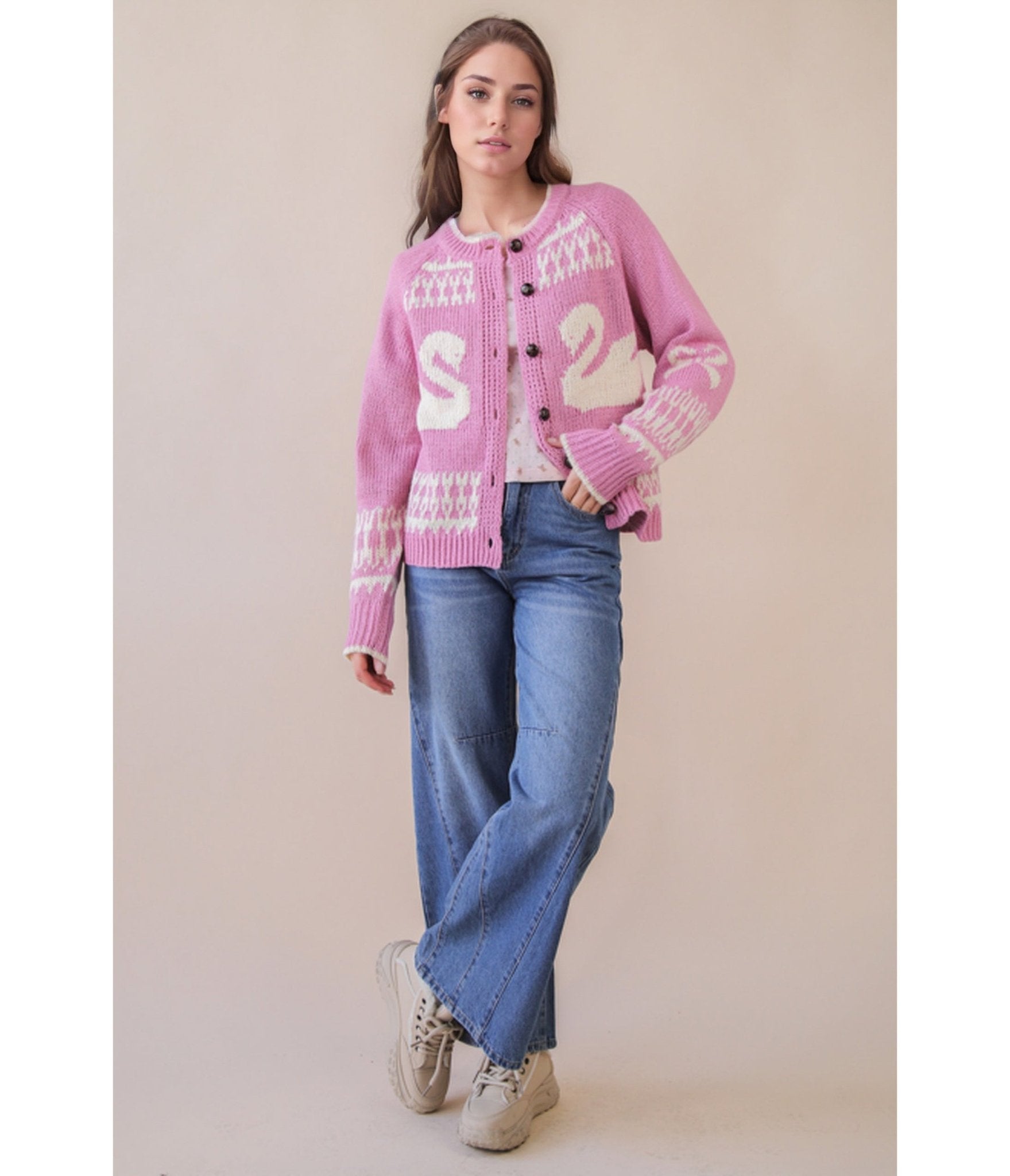 Pink & White Swan Knit Cardigan - Unique Vintage - Womens, TOPS, OUTERWEAR