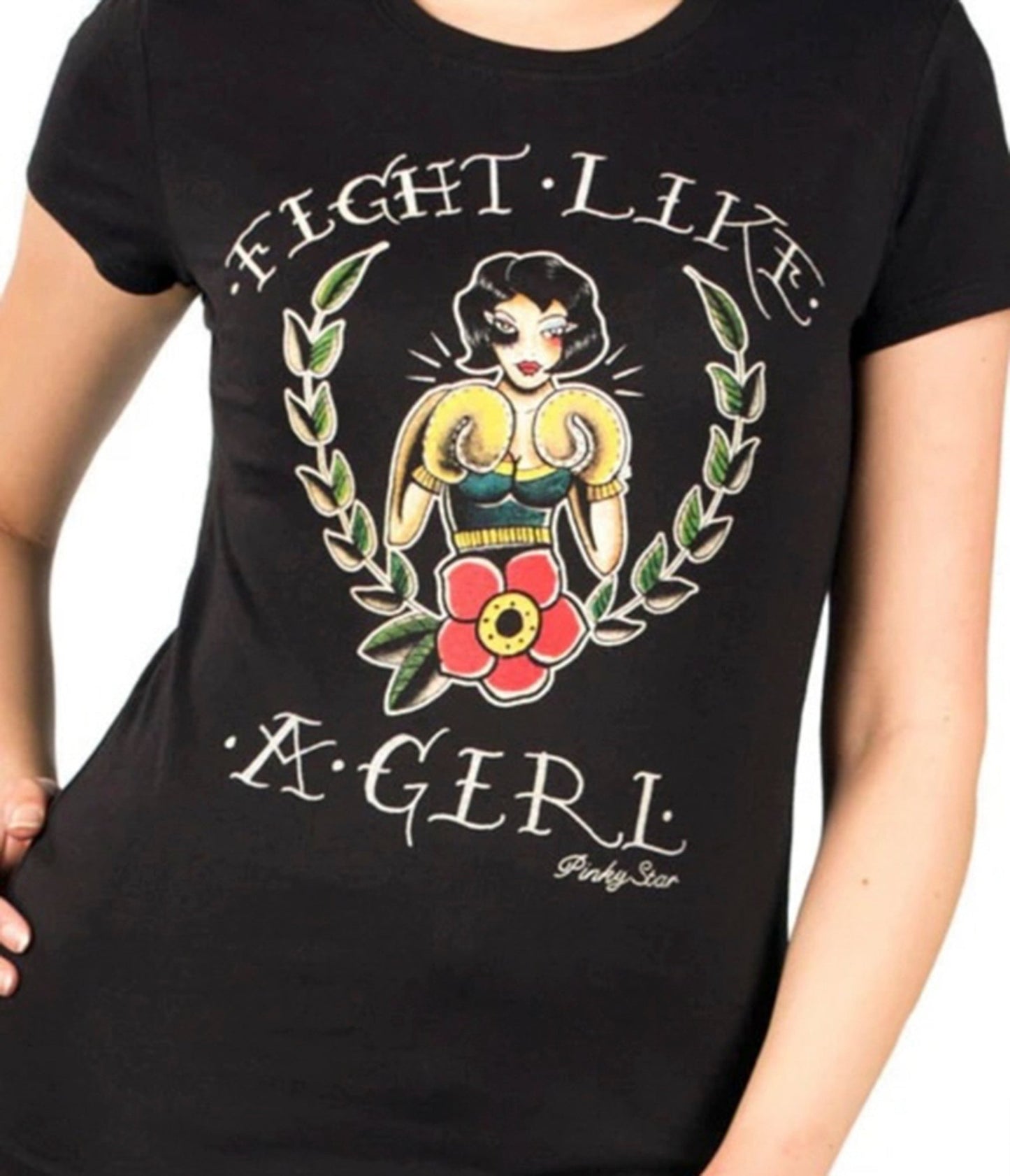 Pinky Star Fight Like A Girl Tattoo Pinup Graphic Tee - Unique Vintage - Womens, TOPS, TEES