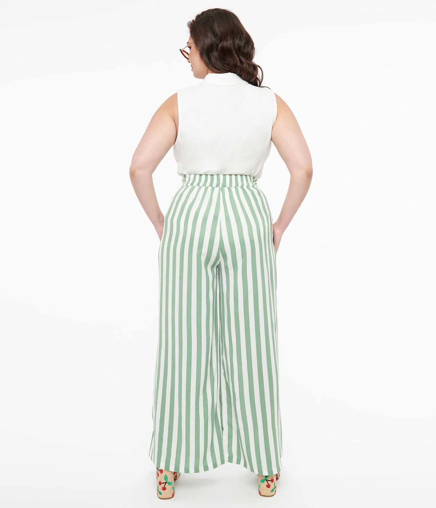 Plus Size 1940s Green & White Stripe Sally Trousers - Unique Vintage - Womens, BOTTOMS, PANTS