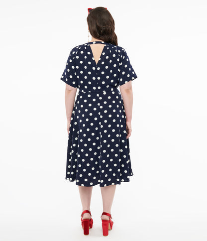 Plus Size 1940s Navy & White Polka Dot Set Sail Swing Dress - Unique Vintage - Womens, DRESSES, FIT AND FLARE