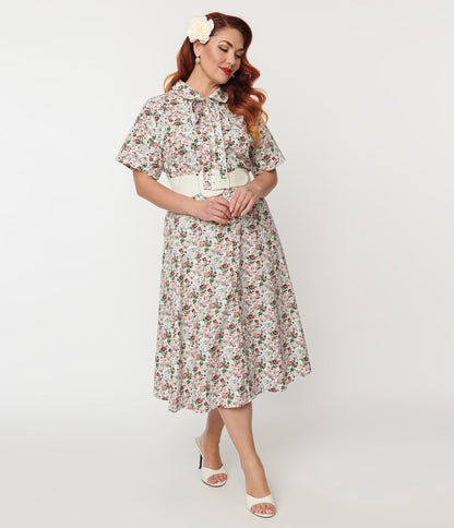 Plus Size 1940s Pink Floral Button Front Swing Dress - Unique Vintage - Womens, DRESSES, FIT AND FLARE