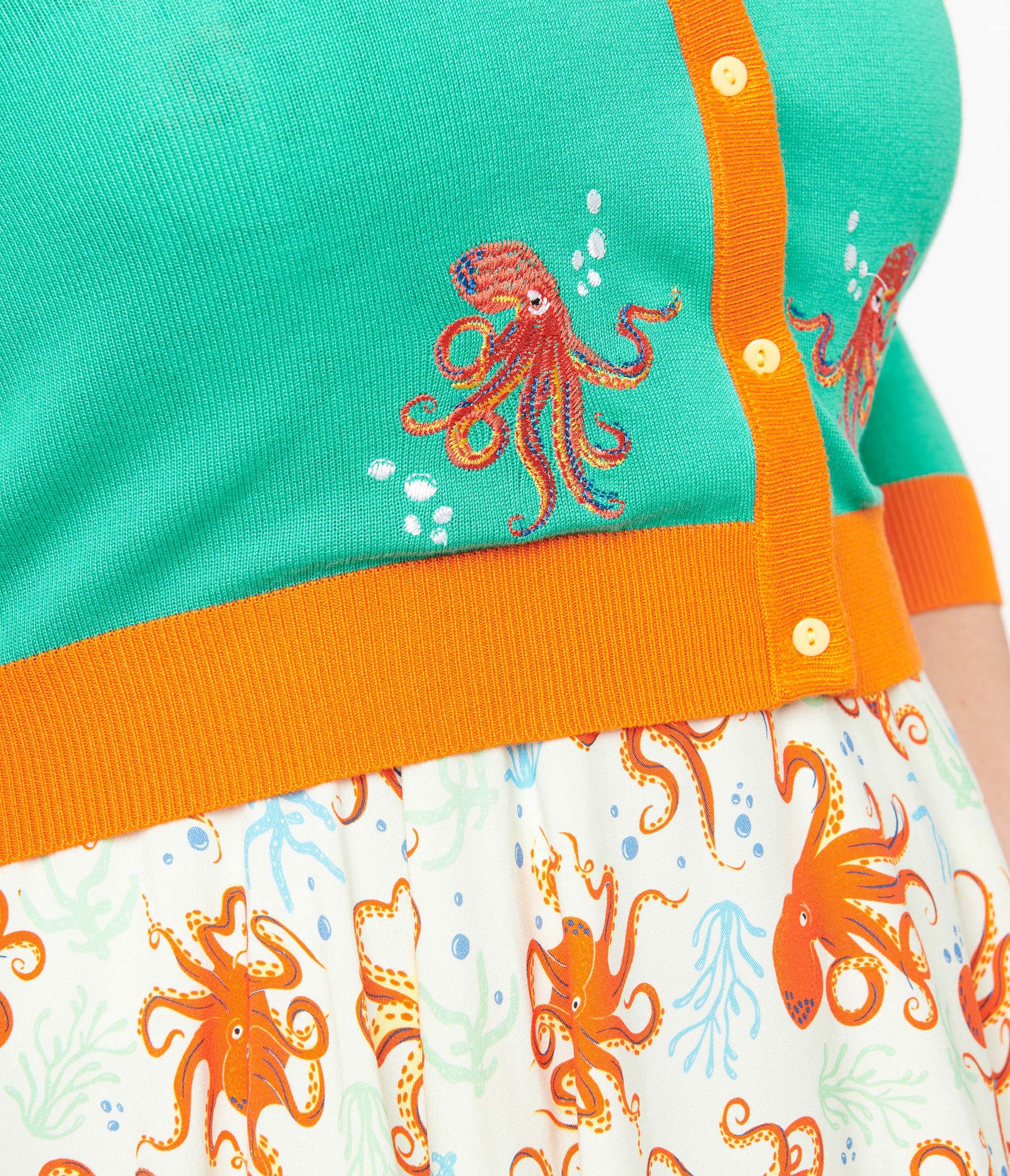 Plus Size 1950s Green & Orange Octopus Embroidery Leslie Cardigan - Unique Vintage - Womens, TOPS, SWEATERS