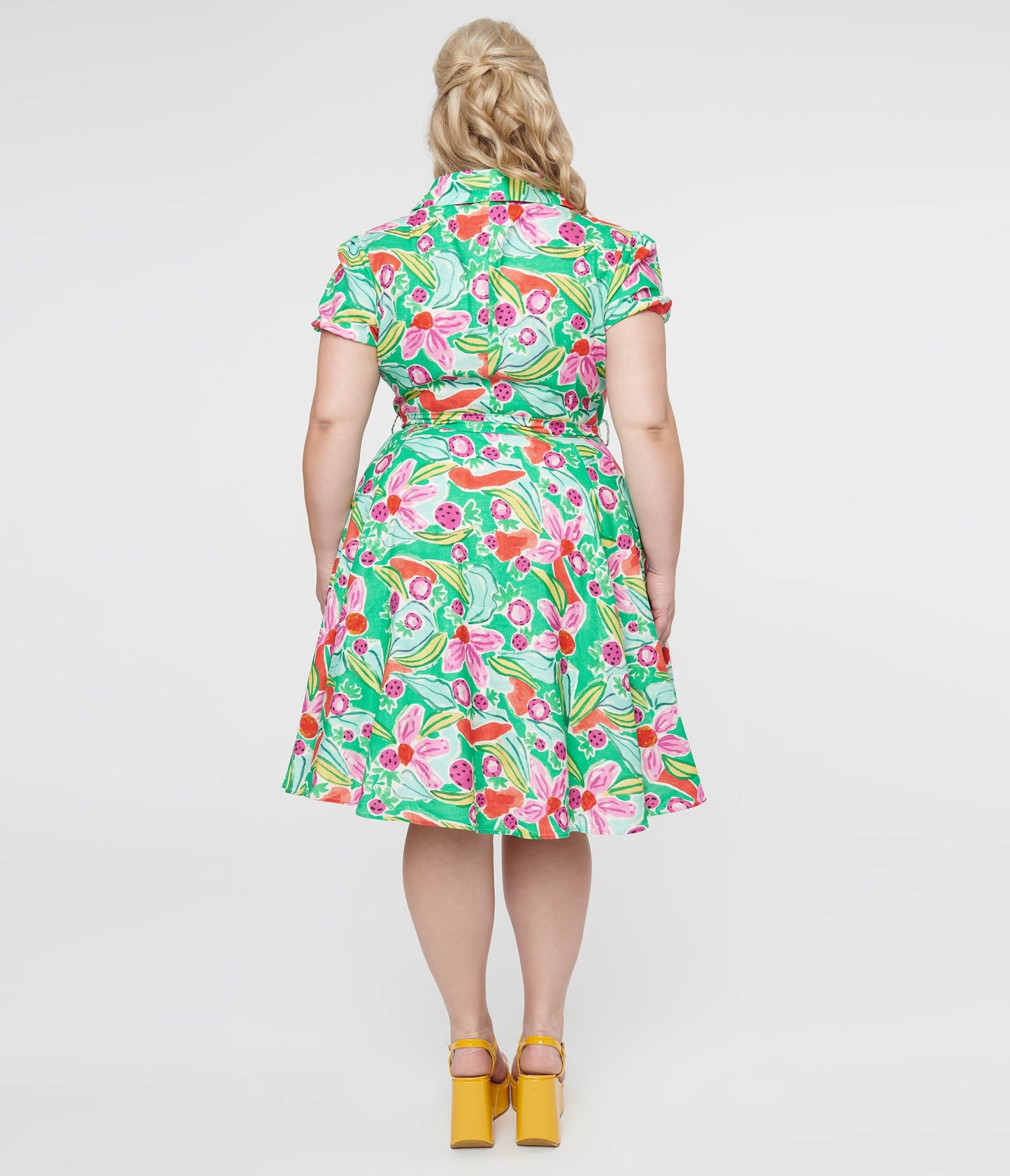 Plus Size 1950s Green & Pink Berry Bloom Print Monroe Fit & Flare Dress - Unique Vintage - Womens, DRESSES, SWING