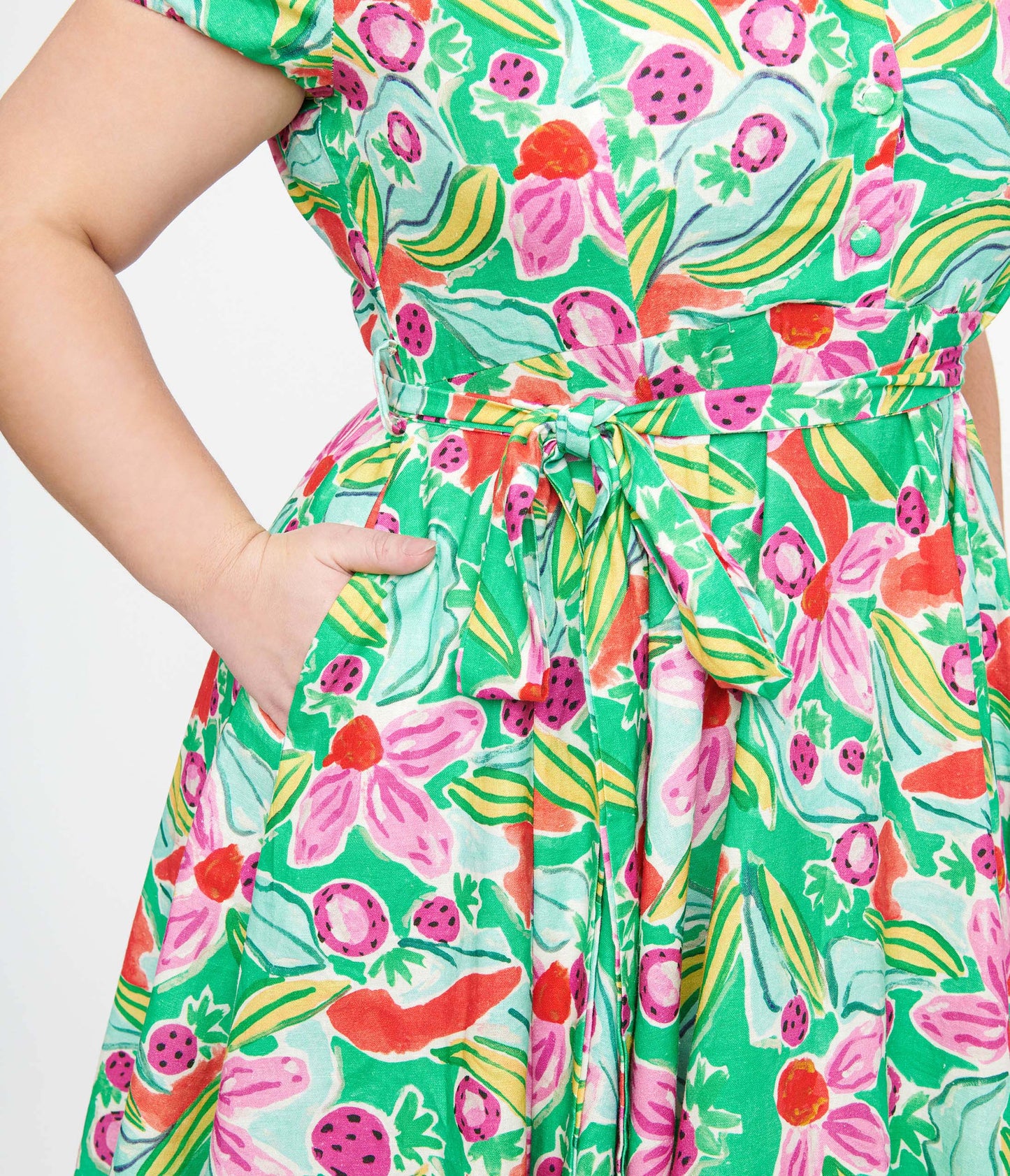 Plus Size 1950s Green & Pink Berry Bloom Print Monroe Fit & Flare Dress - Unique Vintage - Womens, DRESSES, SWING