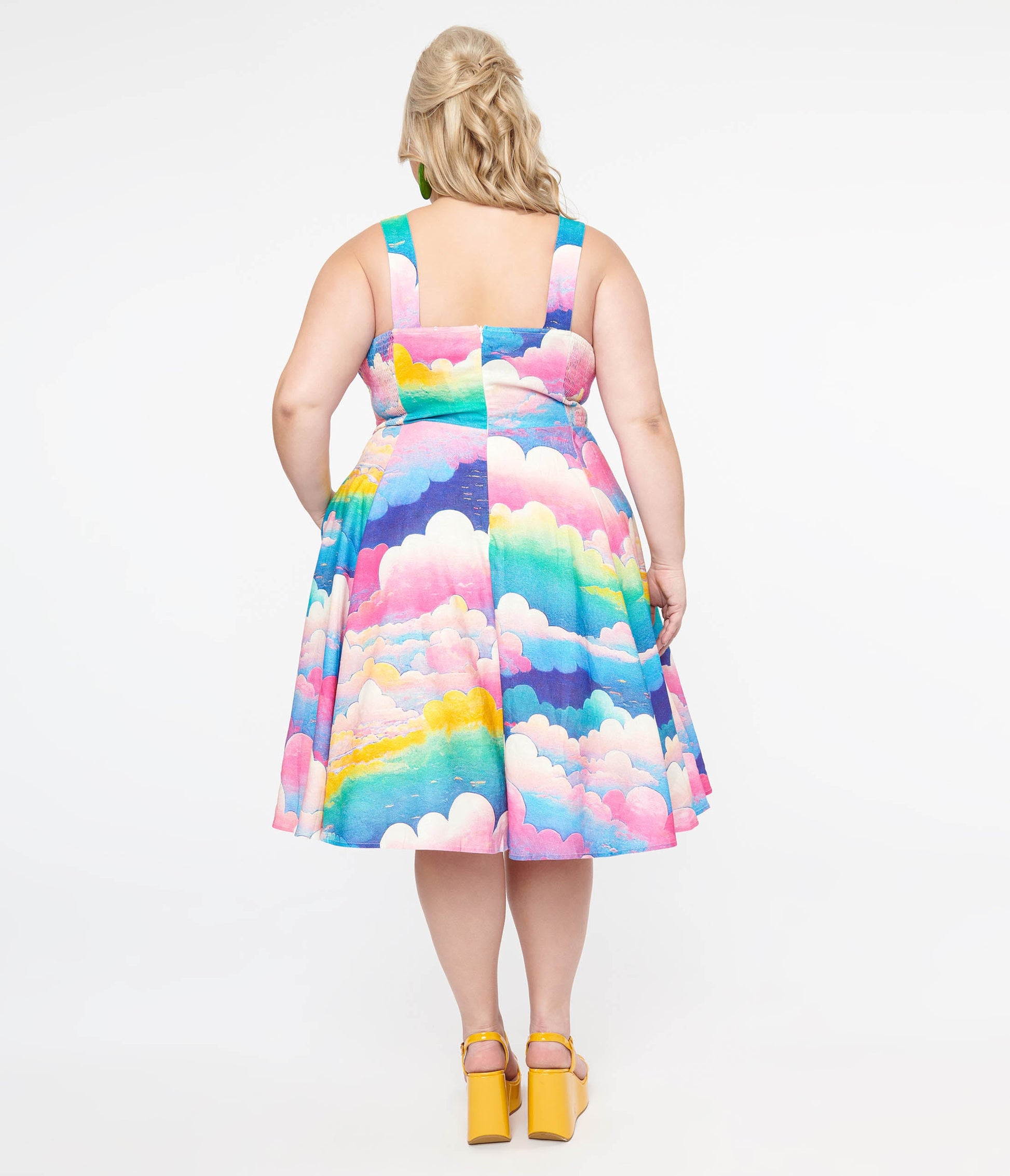 Plus Size 1950s Pink & Rainbow Cloud Print Heidi Fit & Flare Dress - Unique Vintage - Womens, DRESSES, SWING
