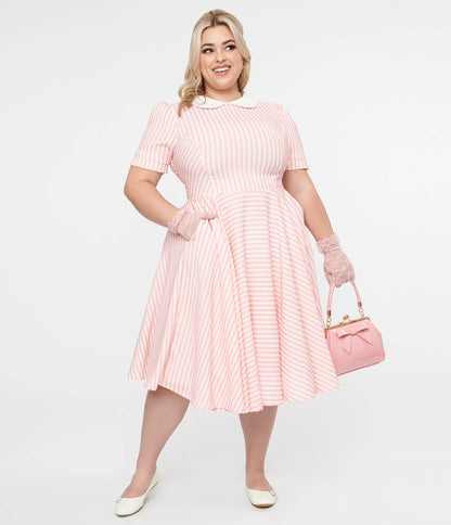 Plus Size 1950s Pink & White Striped Brielle Swing Dress - Unique Vintage - Womens, DRESSES, SWING