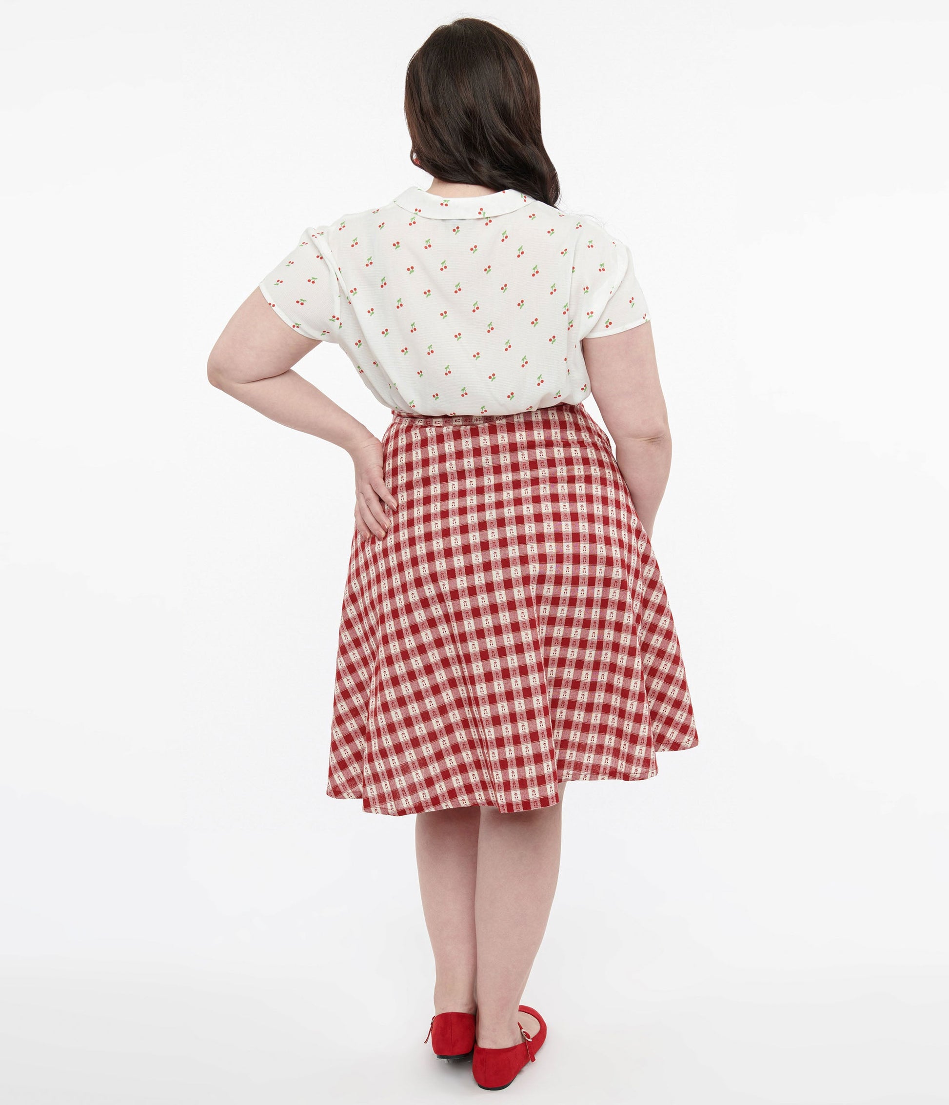 Plus Size 1950s Red Plaid Cherry Cotton Wrap Swing Skirt - Unique Vintage - Womens, BOTTOMS, SKIRTS
