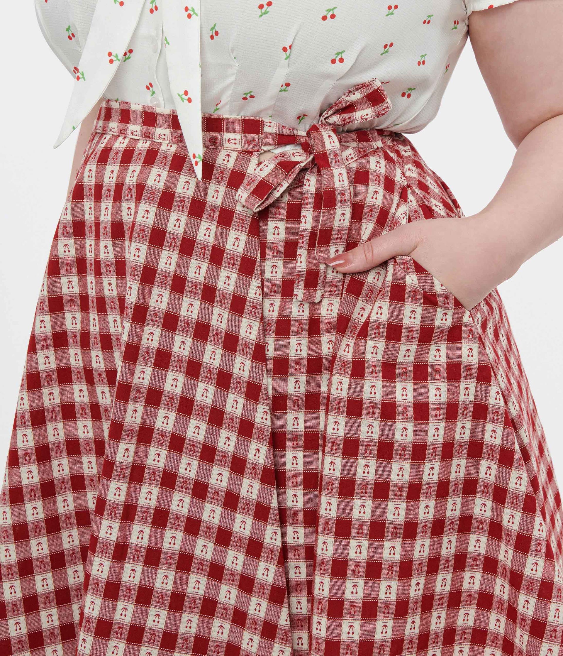 Plus Size 1950s Red Plaid Cherry Cotton Wrap Swing Skirt - Unique Vintage - Womens, BOTTOMS, SKIRTS