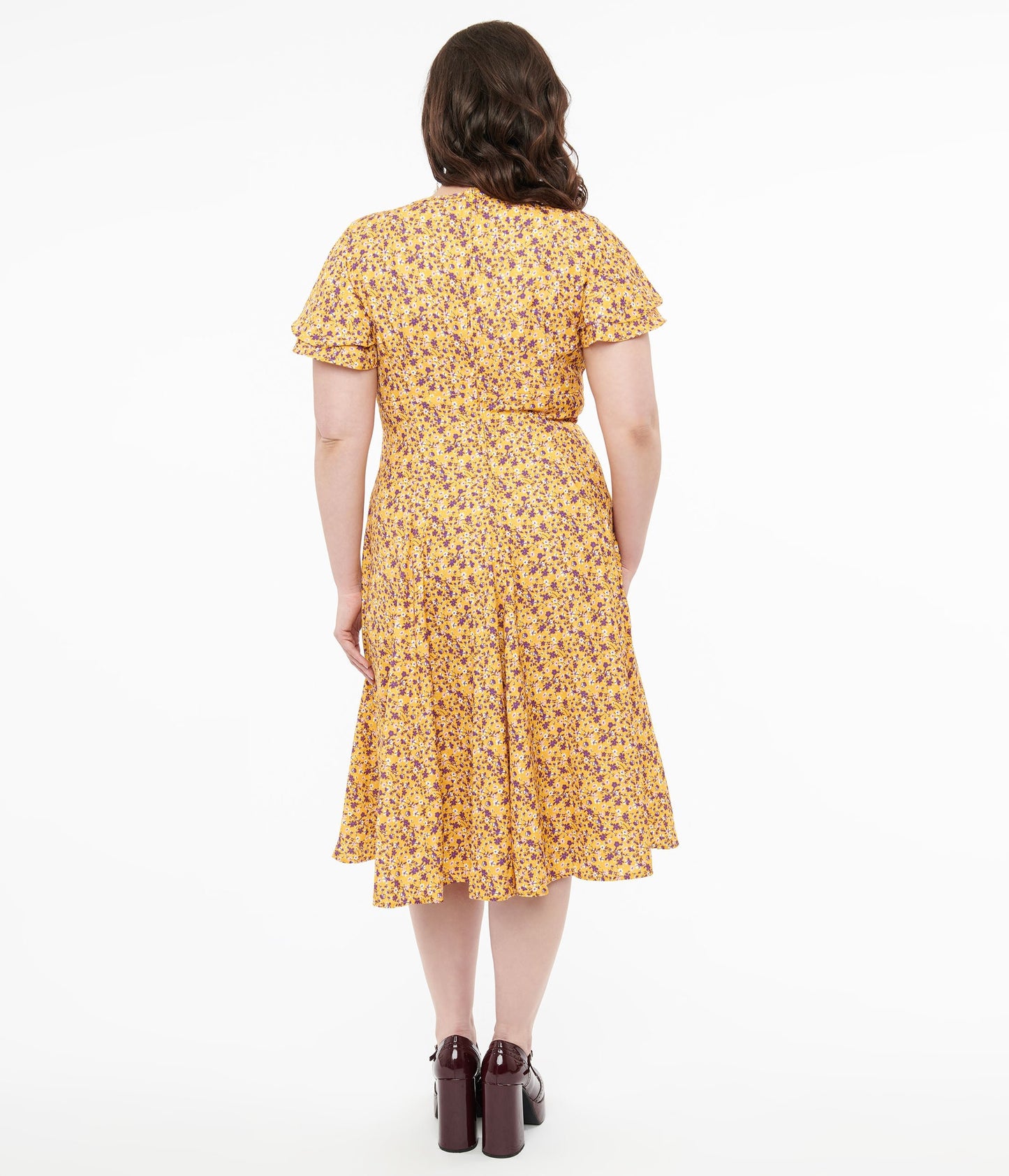 Plus Size 1950s Yellow & Purple Floral Capelet Swing Dress - Unique Vintage - Womens, DRESSES, SWING