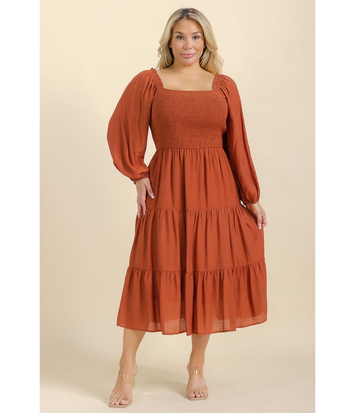 Plus Size Brown Smocked Midi Dress - Unique Vintage - Womens, DRESSES, MIDI