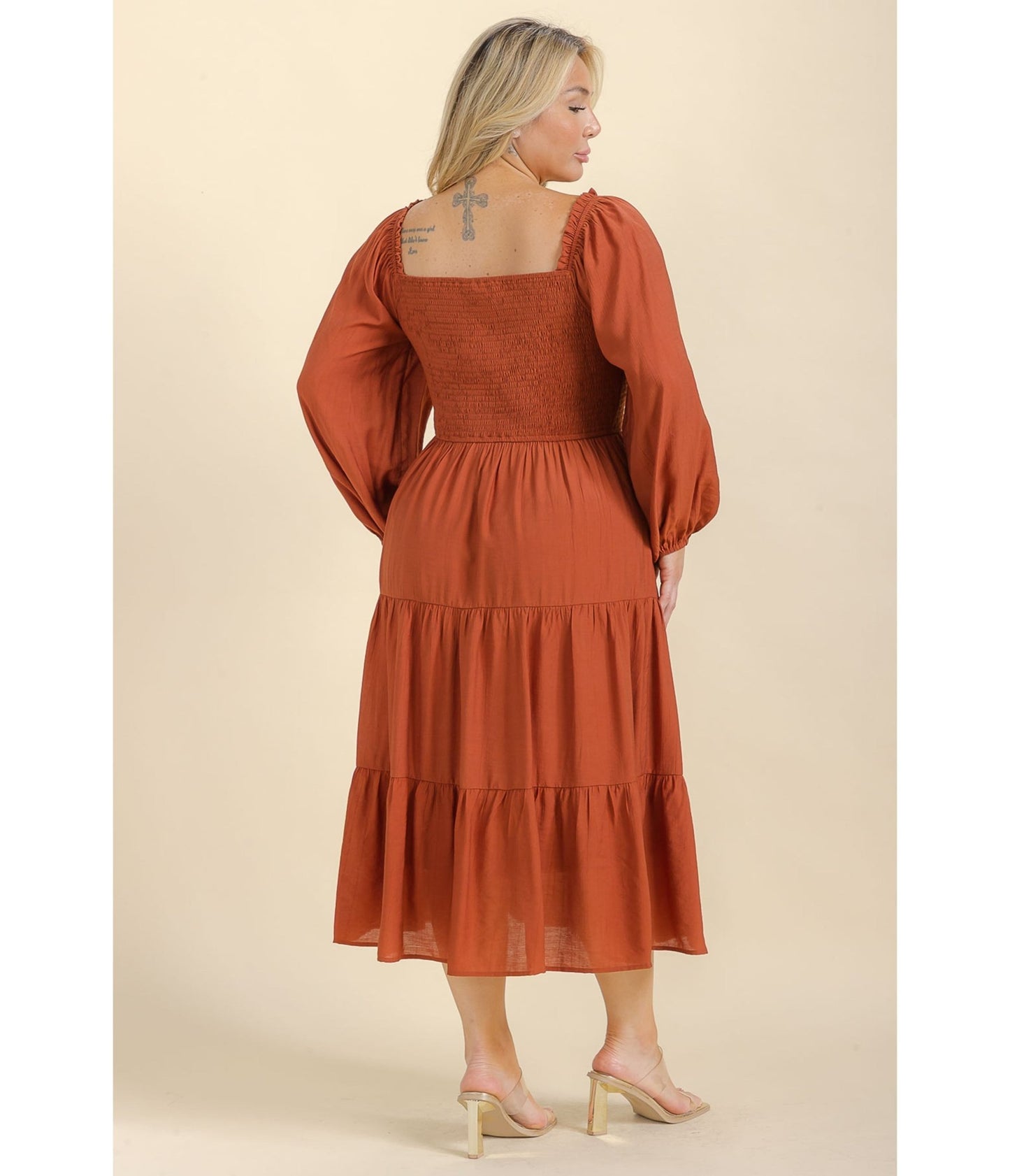 Plus Size Brown Smocked Midi Dress - Unique Vintage - Womens, DRESSES, MIDI