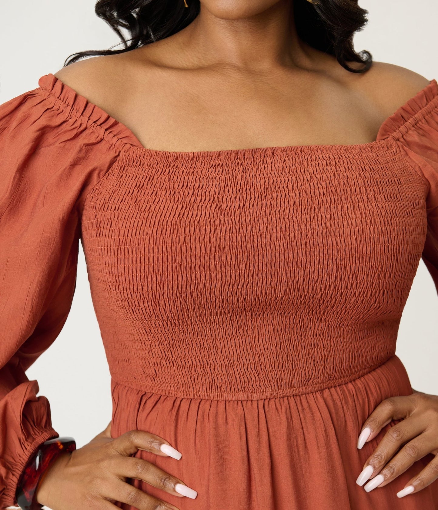 Plus Size Brown Smocked Midi Dress - Unique Vintage - Womens, DRESSES, MIDI