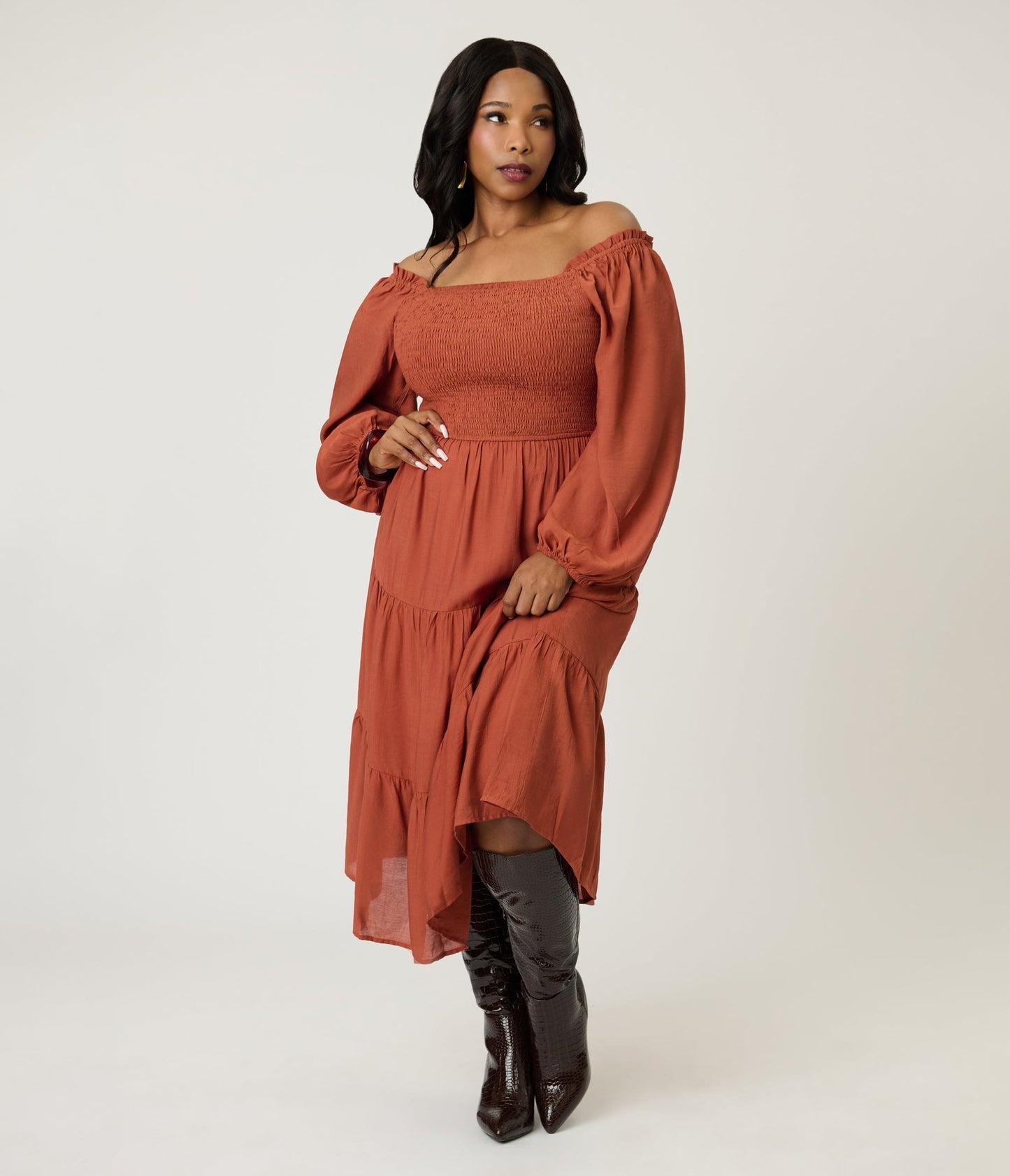 Plus Size Brown Smocked Midi Dress - Unique Vintage - Womens, DRESSES, MIDI